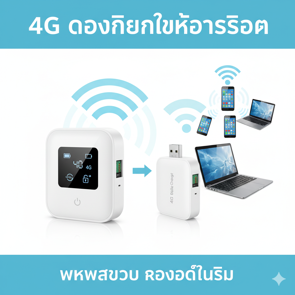ภาพแสดงฟังก์ชันการทำงานหลักของ Mobile Hotspot และ USB Dongle ในรูปแบบเปรียบเทียบ โดยมีภาพ 4G Dongle สองประเภท (Mobile Hotspot ที่มีแบตเตอรี่ และ USB Dongle ที่เสียบเข้ากับแล็ปท็อป) วางคู่กัน ข้างๆ แสดงไอคอน Wi-Fi ที่ปล่อยสัญญาณไปหาอุปกรณ์หลายชนิด (โทรศัพท์มือถือ, แท็บเล็ต, แล็ปท็อป) พร้อมไอคอนแบตเตอรี่และสัญลักษณ์ 'ปลดล็อค' (Unlocked) เพื่อเน้นคุณสมบัติการพกพาและการรองรับซิมสากล โทนสีเน้นความสว่างและชัดเจน.