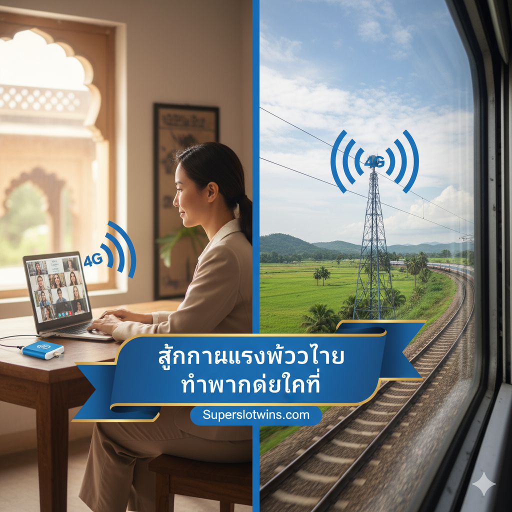 ภาพที่เน้นข้อดีหลักของการใช้ Dongle ในบริบทของอินเดีย แสดงภาพแบ่งเป็นสองส่วน: ครึ่งแรกเป็นภาพคนทำงานจากบ้าน (WFH) กำลังประชุมออนไลน์ด้วยแล็ปท็อปที่เชื่อมต่อกับ Dongle ส่วนครึ่งหลังเป็นภาพวิวทิวทัศน์ชนบทหรือการเดินทางด้วยรถไฟในอินเดีย โดยมีสัญญาณ 4G ที่เป็นสัญลักษณ์ของความเร็วและความเสถียรเชื่อมโยงกัน โทนสีเน้นความน่าเชื่อถือ (สีน้ำเงิน) และความยืดหยุ่น.