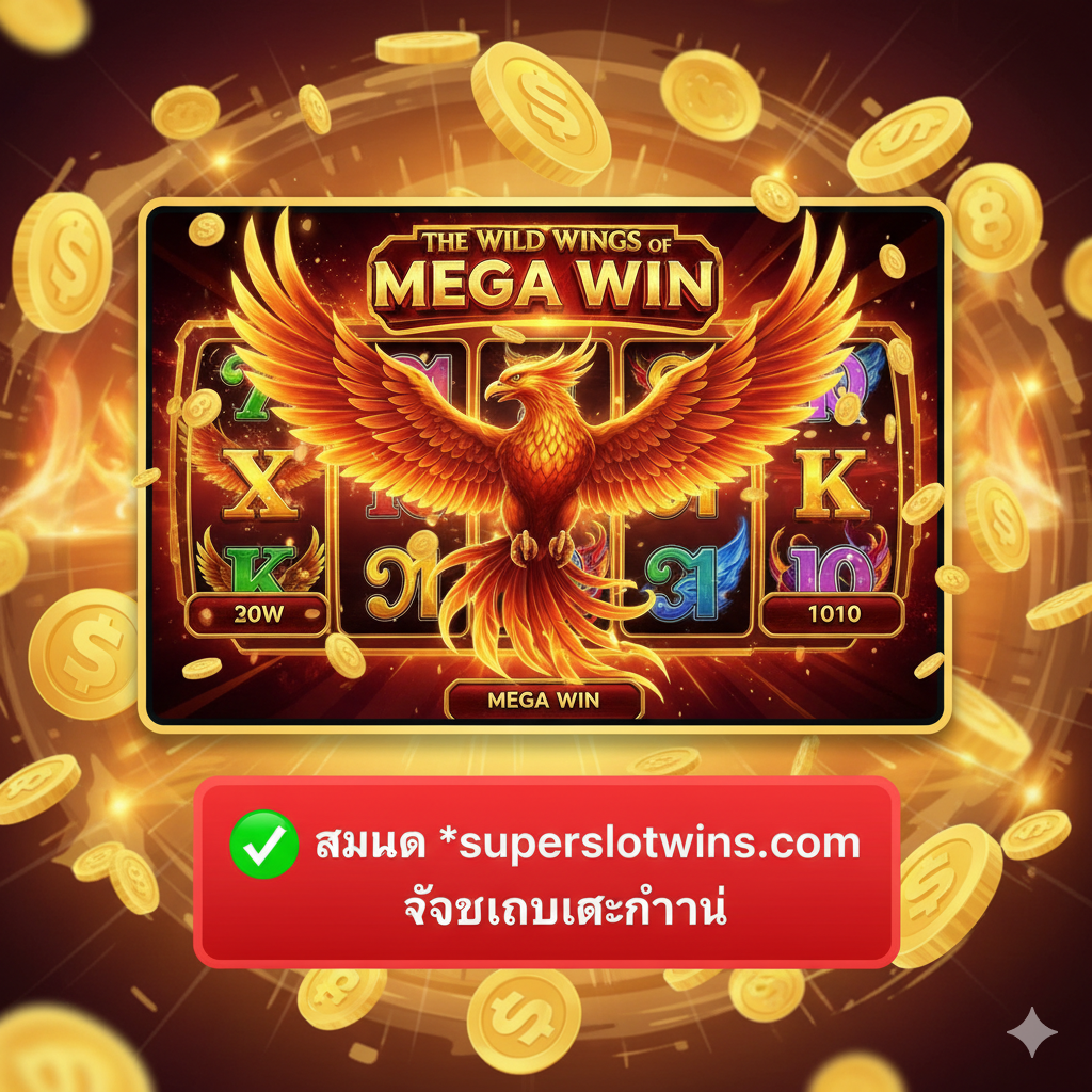 ภาพสรุปและกระตุ้นการตัดสินใจ (Call-to-Action) ที่ทรงพลัง แสดงภาพหน้าต่างสล็อตที่มีคำว่า 'MEGA WIN' หรือ 'JACKPOT' ปรากฏอยู่บนหน้าจอเกม The Wild Wings of Phoenix หรือเกมสล็อตใดๆ ที่มีกราฟิกอลังการ มีปุ่มขนาดใหญ่ที่โดดเด่นอยู่ด้านล่าง พร้อมข้อความตัวหนาภาษาไทยว่า '✅ สมัคร superslotwins.com รับโบนัสทันที' โดยใช้สีเขียวหรือสีแดงสดเป็นสีของปุ่มเพื่อดึงดูดสายตา องค์ประกอบโดยรวมให้ความรู้สึกถึงการสิ้นสุดการค้นหาและพร้อมที่จะเริ่มต้นการเล่นที่ได้ผลตอบแทนสูงที่สุด