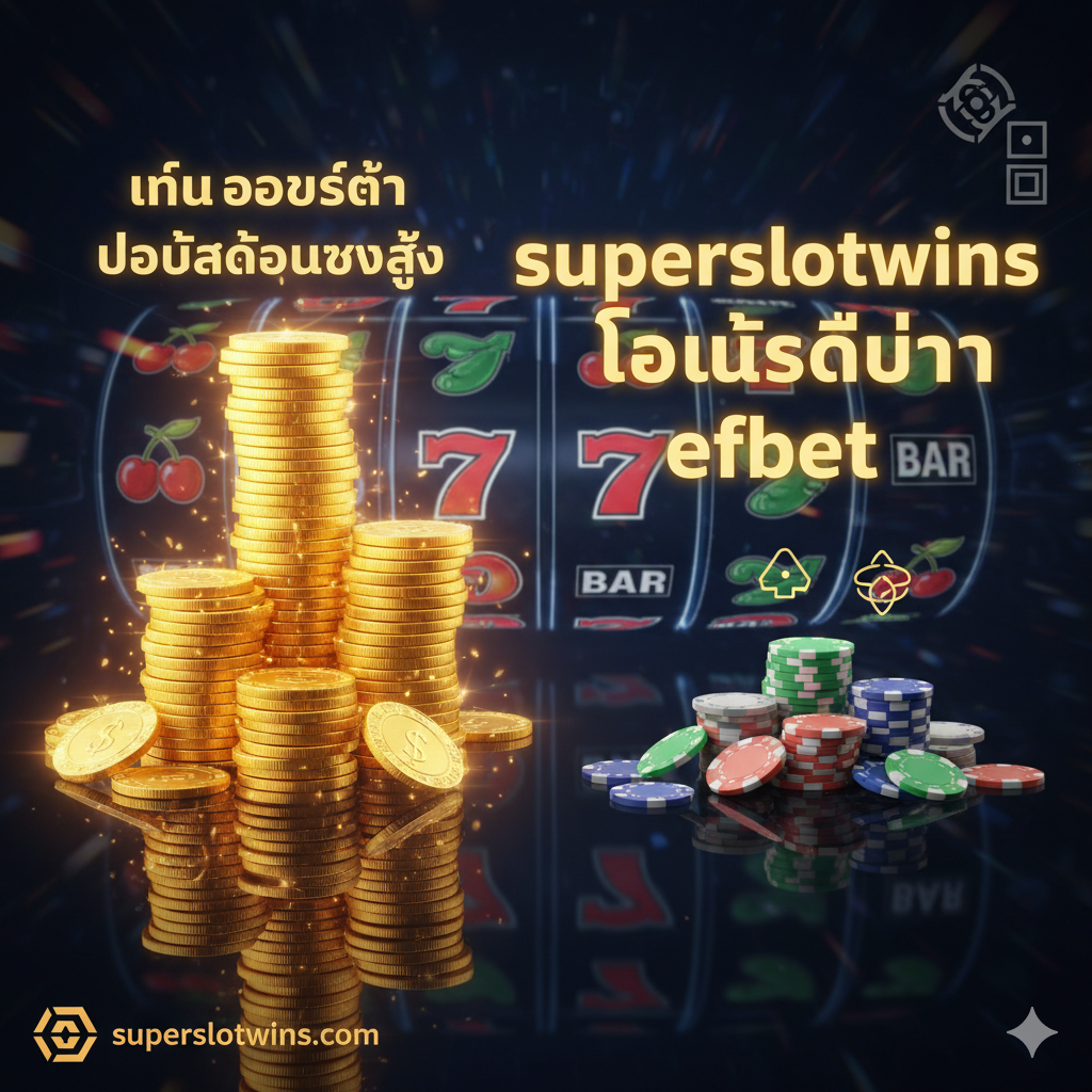 ภาพความได้เปรียบ, เน้นย้ำ “โครงสร้างโบนัสที่เหนือกว่า” ของ superslotwins. ภาพหลักคือการเปรียบเทียบกองเหรียญทองหรือชิปสองกอง. กองเหรียญทางซ้ายที่แทน superslotwins นั้นสูงและสว่างกว่า, มีข้อความภาษาไทยที่สื่อถึง “เทิร์นโอเวอร์ต่ำ” (ความต้องการโรลโอเวอร์ต่ำ) และ “โบนัสต้อนรับสูง” (โบนัสต้อนรับสูง) อยู่ด้านบน. กองเหรียญทางขวาที่แทน efbet นั้นเตี้ยกว่า, มีสัญลักษณ์ยุโรปที่ซับซ้อนหรือความต้องการโรลโอเวอร์สูงอยู่ด้านบน. ฉากหลังเป็นรูปแบบสล็อตแมชชีนที่มีชีวิตชีวา, เน้นแนวคิดหลัก “superslotwins โบนัสดีกว่า efbet”.