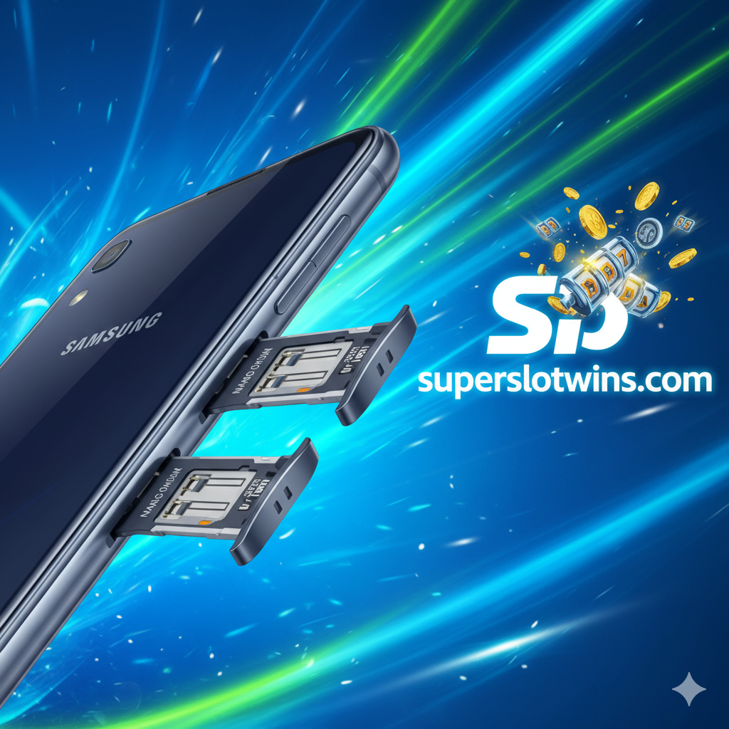 ภาพเป็นงานศิลปะสำหรับหน้าปก เน้นความเร็วและตู้สามช่องสำหรับซิม/SD การ์ดของ Samsung A02s พร้อมโลโก้ superslotwins.com และเหรียญทองบินได้ที่แสดงถึง 'ลื่นหัวแตก' (ซุปเปอร์สมูท)