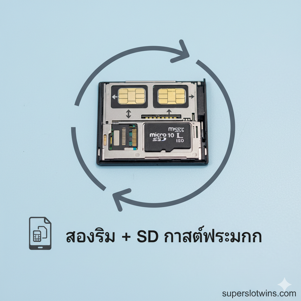 ภาพถ่ายมาโครที่แสดงถาดซิมแบบสามช่อง (Triple Slot) ของ Samsung A02s พร้อมคำแนะนำด้วยภาพที่เน้นย้ำถึงช่องใส่ซิมการ์ด 2 ช่องและช่องใส่ MicroSD การ์ด 1 ช่อง