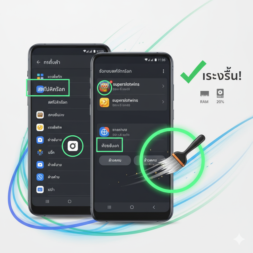 ภาพกราฟิกเปรียบเทียบประสิทธิภาพการเล่นเกมสล็อตบน Samsung A02s ก่อนและหลังการใช้ SD Card เพื่อเพิ่มพื้นที่เก็บข้อมูล โดยเน้นผลลัพธ์ของความลื่นไหลที่เพิ่มขึ้น