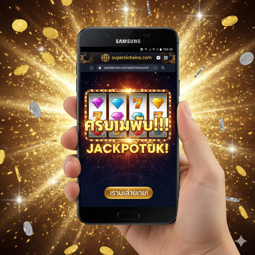 ภาพสรุปและ CTA ที่สร้างแรงบันดาลใจ เน้นมือถือ Samsung A02s กำลังแสดงหน้าจอ 'BIG WIN' บน superslotwins.com พร้อมฉากหลังที่เป็นเหรียญทองและแสงสว่างแห่งชัยชนะ
