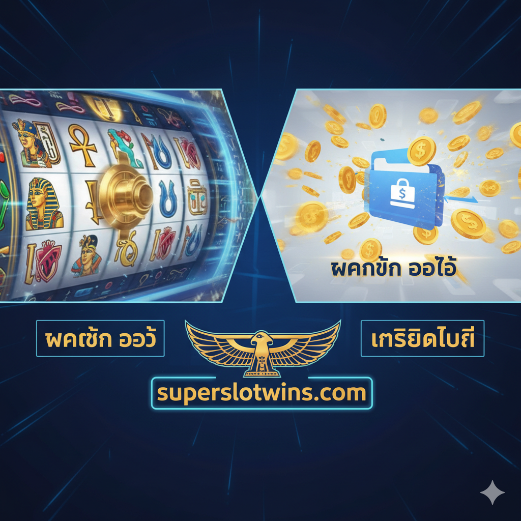 ภาพแสดงถึงข้อได้เปรียบของการเล่นที่ 'superslotwins.com' โดยมีภาพวงล้อสล็อตฟาโรห์ที่กำลังหมุนด้วยความเร็วสูงอยู่ด้านหนึ่ง และอีกด้านหนึ่งเป็นองค์ประกอบที่สื่อถึง 'ฝากถอน ออโต้' และ 'เครดิตฟรี' เช่น ภาพเหรียญทองดิจิทัลที่กำลังพุ่งเข้า-ออกบัญชีอย่างรวดเร็ว พร้อมโลโก้ 'superslotwins.com' ที่เด่นชัดอยู่ตรงกลาง องค์ประกอบสีควรเป็นสีฟ้า, ทอง, และขาว สื่อถึงความรวดเร็ว, ความปลอดภัย, และความน่าเชื่อถือของการทำธุรกรรมออนไลน์