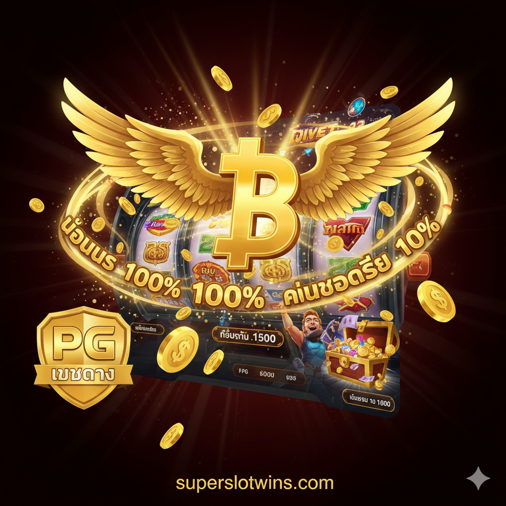 优势图,聚焦于“เครดิตฟรี”และ“เว็บตรงแตกง่าย”。画面中心应是一个巨大的、带有翅膀的金色泰铢符号(฿),周围环绕ด้วย“โบนัส 100%”、“คืนยอดเสีย 10%”等字样,营造出丰厚回报的感觉。背景可以是一个不断涌出现金的角子机或一个胜利的PG Soft游戏画面。图的侧面放置一个“PG เว็บตรง”的盾牌或徽章,代表安全和高RTP,整体色彩饱和度高,金色และ红色突出,视觉冲击力强,吸引寻求高收益的ผู้เล่น。