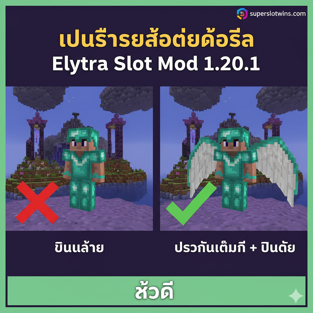 ภาพเปรียบเทียบข้อดีและข้อเสียของการใช้ Mod: (ซ้าย) ภาพตัวละคร Minecraft ที่สวมเกราะเพชรแต่ไม่มีปีก พร้อมเครื่องหมาย 'X' สีแดงขนาดใหญ่ สื่อถึง 'ไม่สามารถบินได้' (ขวา) ภาพตัวละครเดียวกันที่สวมเกราะเพชรและปีก Elytra พร้อมเครื่องหมาย 'เครื่องหมายถูก' สีเขียวขนาดใหญ่ สื่อถึง 'ป้องกันเต็มที่และบินได้' ฉากหลังของทั้งสองภาพเป็นดินแดน The End (End Dimension) ที่มีเสาลึกลับอยู่ไกลๆ องค์ประกอบภาพเน้นความสมดุลและใช้คอนทราสต์ของสีเพื่อเปรียบเทียบอย่างชัดเจน