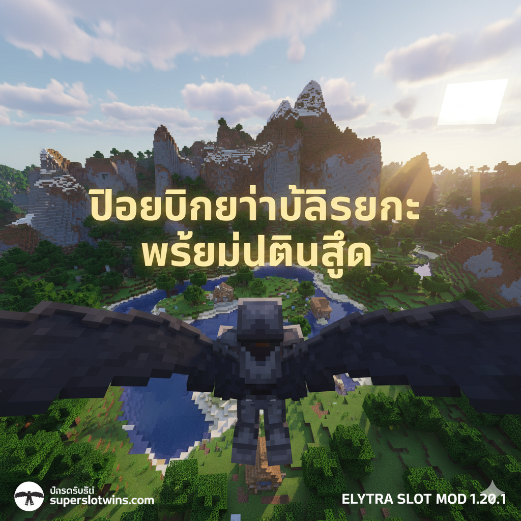 ภาพสรุปที่สร้างแรงบันดาลใจให้ผู้เล่นดาวน์โหลด Mod เป็นภาพมุมมองบุคคลที่หนึ่ง (First-person perspective) ขณะกำลังบินผ่านภูมิทัศน์ที่สวยงามของโลก Minecraft (Overworld) สวมใส่ชุดเกราะ Netherite และเห็นปีก Elytra บังอยู่ส่วนหนึ่งของหน้าจอ มีข้อความสั้นๆ สไตล์พิกเซลเรืองแสงสีทองลอยอยู่กลางภาพ เช่น 'บินอย่างอิสระ พร้อมเกราะเต็มที่' หรือ 'อัปเกรดการผจญภัย 1.20.1' ภาพควรมีมุมมองที่กว้างและมีรายละเอียดของโลก Minecraft ที่ดูทันสมัยและสมจริงเพื่อกระตุ้นความอยากเล่น