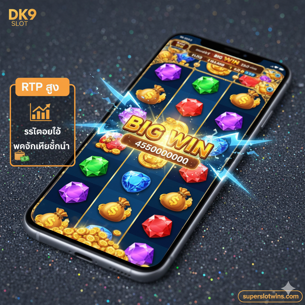 ภาพเน้นคุณสมบัติ 'สล็อตแตกง่าย' และ 'เว็บตรง' ของ dk9 slot บน superslotwins. แสดงหน้าจอโทรศัพท์มือถือหรือแท็บเล็ตที่กำลังเล่นเกมสล็อตที่มีธีมร่ำรวย (เช่น อัญมณี, ถุงเงิน) และแสดงผลลัพธ์เป็น 'BIG WIN' หรือ 'JACKPOT' อย่างชัดเจน ใช้องค์ประกอบกราฟิกของสายฟ้าหรือคลื่นพลังงานพุ่งออกมาจากหน้าจอเพื่อสื่อถึงความรวดเร็วของการแตกรางวัล ด้านข้างมีข้อความไฮไลท์ 'RTP สูง' และ 'ระบบออโต้ ฝากถอนไม่มีขั้นต่ำ' โดยใช้ไอคอน wallet หรือธนบัตรประกอบเพื่อสื่อถึงความสะดวกทางการเงิน. โทนสีสดใสและน่าดึงดูด.