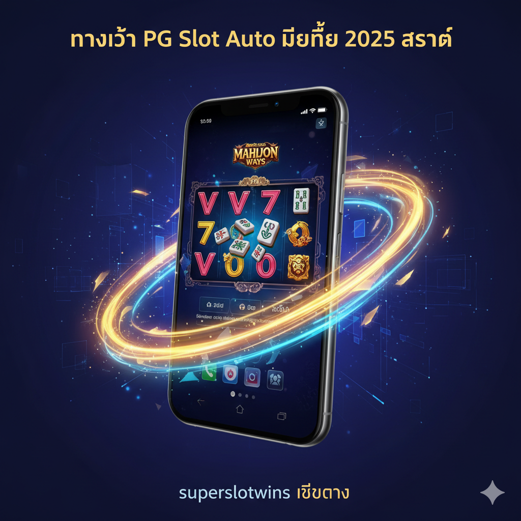 一张吸引人的封面图,主题为PG Slot Auto Mobile 2025。主视觉为一台智能手机(特写,屏幕上展示着一个炫酷的PG Soft老虎机游戏界面,如《Mahjong Ways》หรือ《Ways of the Qilin》),手机被一道金色/霓虹蓝色光束环绕,象征快速与科技感。背景使用深蓝色หรือ紫色渐变,有未来感的几何线条和闪烁光点。醒目地配上泰文文字:“ทางเข้า PG Slot Auto มือถือ 2025 ล่าสุด” หรือ “superslotwins เว็บตรง” เพื่อเน้นย้ำถึงความใหม่และ官方。构图简洁有力,突出手机和速度感。