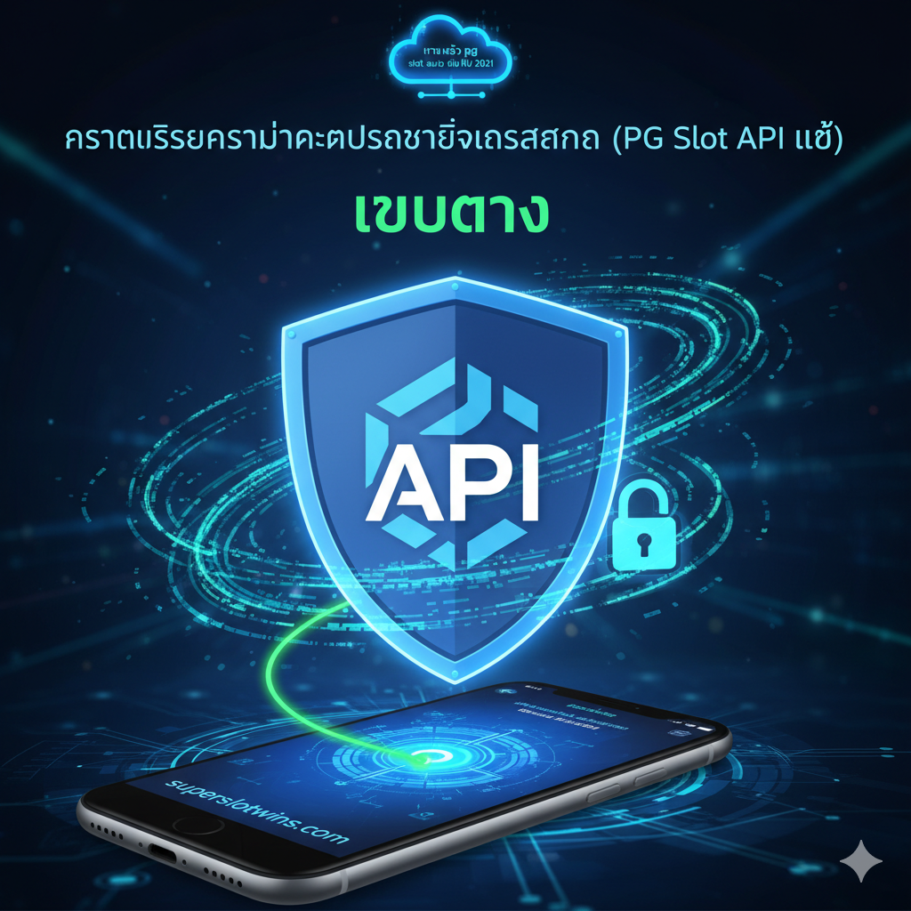 强调优势：“ความเสถียรและความปลอดภัยระดับสากล (PG Slot API แท้)”。图片应是技术和信任的结合。中心是一个巨大的盾牌图标（象征安全），盾牌内嵌有PG Soft的官方LogoหรือAPI字样。盾牌周围环绕ด้วย流动的數據流和一把鎖。构图上，将手机屏幕放在前景底部，从屏幕连接一条绿色或蓝色安全连接线到背景的服务器云端图标。整体风格为高科技、安全，色彩以蓝色、绿色为主，突出“เว็บตรง” 的权威性。
