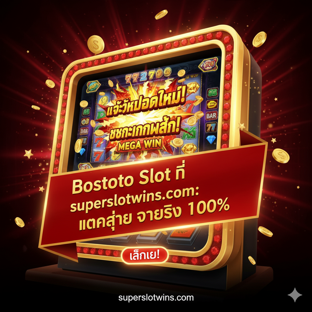 ภาพสรุปที่น่าตื่นเต้น โดยมีฉากหลังเป็นหน้าจอเกมสล็อตที่กำลังระเบิดคำว่า “MEGA WIN” หรือ “JACKPOT” พร้อมข้อความกระตุ้นให้ลงมือทำเป็นภาษาไทยที่เด่นชัด: “Bostoto Slot ที่ superslotwins.com: แตกง่าย จ่ายจริง 100%” เพื่อเร่งรัดให้ผู้ใช้คลิกเข้าสู่การเล่น