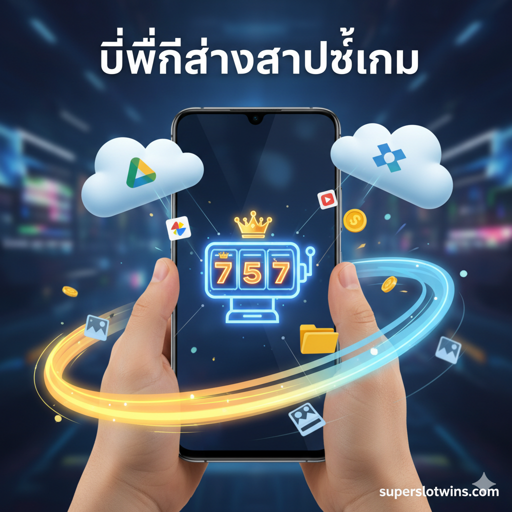 一張總結性的圖片，將 Vivo V23 5G 的主要亮點和文章的核心結論結合。圖片應左側放置 Vivo V23 5G 手機模型，右側是一個簡潔的圓餅圖或數據圖，顯示 '128GB/256GB' 存儲對於'遊戲'、'應用'和'系統'的分配是足夠的，並用泰語強調 'เพียงพอสำหรับคอเกมสล็อต!' (對於老虎機玩家來說足夠了！)。圖片底部應有一個顯眼的 'Call to Action' 區域，指向文章末尾的 'สล็อตแตกง่ายที่กินพื้นที่น้อยที่สุด' 內部鏈接，使用金幣、老虎機或閃爍的符號來吸引 superslotwins.com 的用戶。