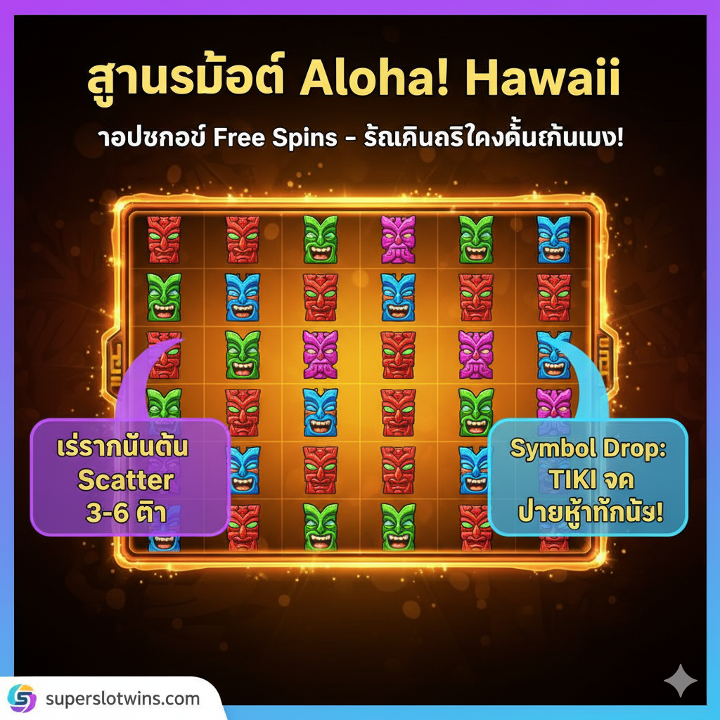 ภาพแนวทางการเล่นที่มุ่งเน้นช่วงทำเงินสูงสุด: รอบโบนัส Free Spins และฟีเจอร์ Symbol Drop แสดงให้เห็นหน้าจอเกมสล็อต 6x5 ที่กำลังอยู่ในโหมด Free Spins โดยมีสัญลักษณ์ Scatter (แสตมป์) 3-6 ตัวปรากฏอยู่ก่อนเข้าโหมด และเน้นย้ำถึงผลลัพธ์ที่สัญลักษณ์จ่ายต่ำถูกลบออกไป ทำให้หน้าจอเต็มไปด้วยสัญลักษณ์ TIKI ที่จ่ายสูงเท่านั้น ควรมีองค์ประกอบของการสอนเพื่อเชื่อมโยงกับ 'สูตรสล็อต' ในบทความ โดยใช้สีสันที่แตกต่างจากเกมหลักเพื่อแสดงถึงการเข้าสู่รอบโบนัส