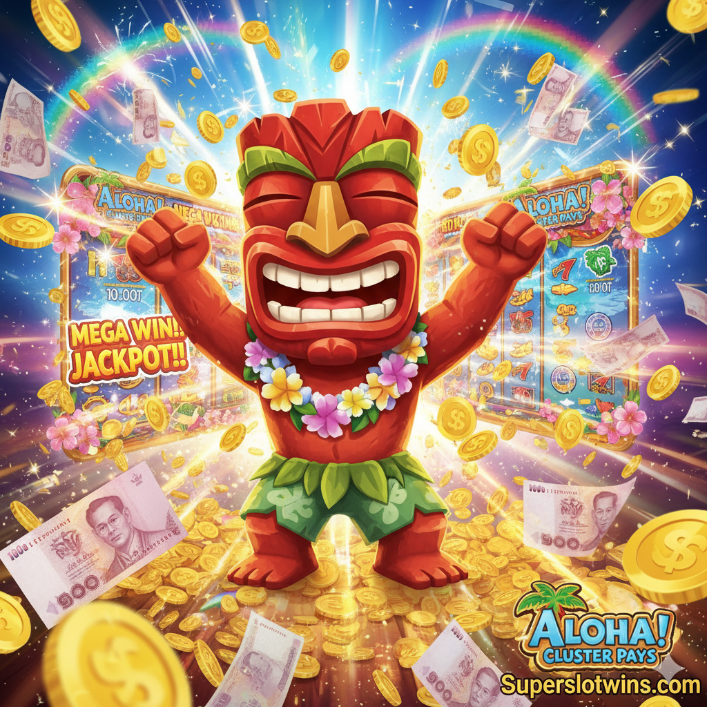 ภาพสรุปที่เต็มไปด้วยพลังงานและความตื่นเต้น สื่อถึงช่วงเวลาที่ 'แตกง่าย' หรือได้รับรางวัลใหญ่ (Jackpot) สัญลักษณ์ TIKI สีแดงหลักกำลังแสดงท่าทางดีใจอย่างสุดขีด โดยมีเหรียญทองคำหรือเงินบาทไทยจำนวนมากพุ่งกระจายอยู่รอบๆ ตัว พื้นหลังเป็นแสงสว่างจ้าและระเบิดของสีสันที่มาจากหน้าจอเกมที่เพิ่งจ่ายรางวัลใหญ่ องค์ประกอบโดยรวมต้องสื่อถึงการประสบความสำเร็จในการทำเงินจากการเล่นสล็อต Aloha! Cluster Pays