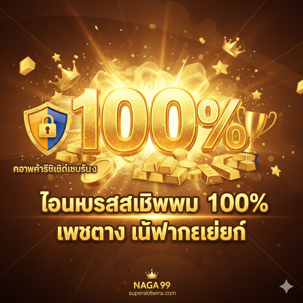 ภาพเน้นตัวเลข 100% พร้อมทองคำและสัญลักษณ์ความปลอดภัย เน้นโบนัสสมาชิกใหม่ 100% และเว็บตรง