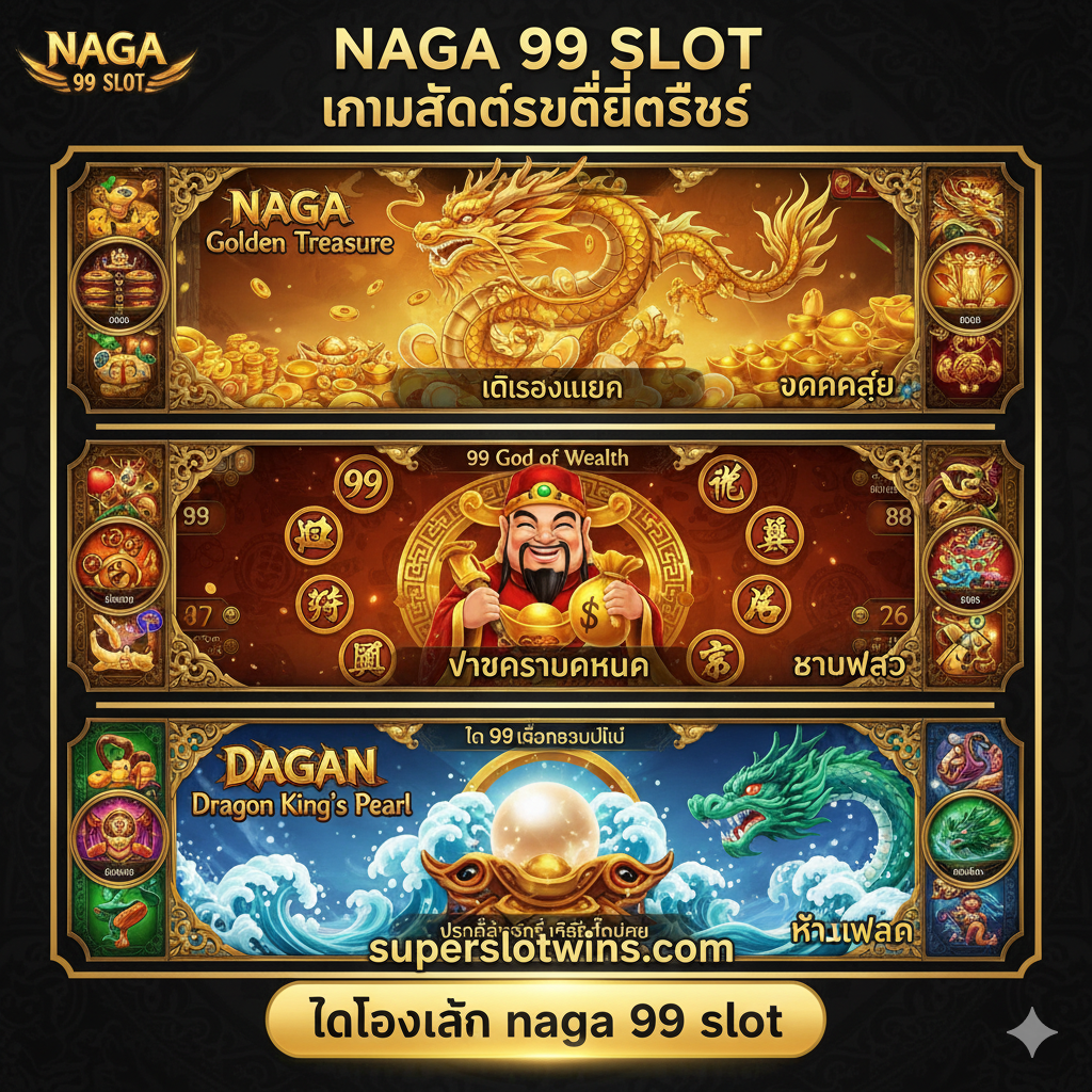 ภาพสรุปแสดงภาพตัวอย่างเกมสล็อตยอดนิยม 3 เกมของ Naga 99 พร้อมข้อความเน้น แตกง่าย และ ทดลองเล่น naga 99 slot