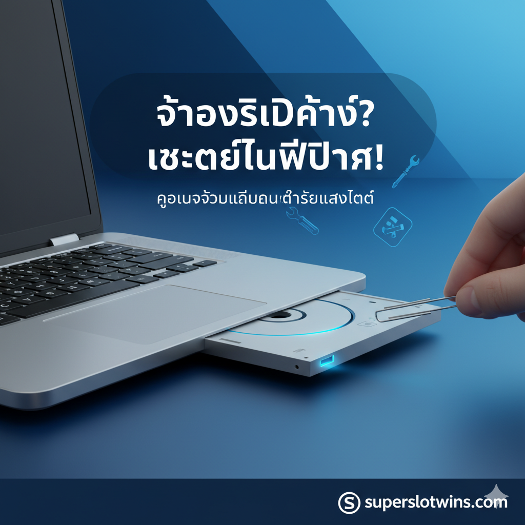 ภาพหน้าปกสไตล์เทคโนโลยีมินิมอล โทนสีน้ำเงินเข้มและสว่างตัดกัน องค์ประกอบหลักคือ แล็ปท็อปรุ่นใหม่ (มีลักษณะเป็นโลหะสีเทา) ที่มีช่องใส่ซีดี (CD/DVD drive) ด้านข้างกำลังถูกยื่น คลิปหนีบกระดาษที่คลี่ตรง เข้าไปในรูดีดฉุกเฉิน (Eject Hole) อย่างระมัดระวัง มีแสงไฟสีฟ้าส่องเน้นบริเวณช่องใส่ซีดี เน้นให้เห็นถึงความขัดข้องทางกลไกและทางออกฉุกเฉิน ภาพควรดูสะอาดตาและสื่อถึง 'การแก้ไขปัญหาด่วน' โดยมีไอคอนเครื่องมือ (ไขควง/คีม) ลอยอยู่ด้านหลังเล็กน้อยในรูปแบบ 3D