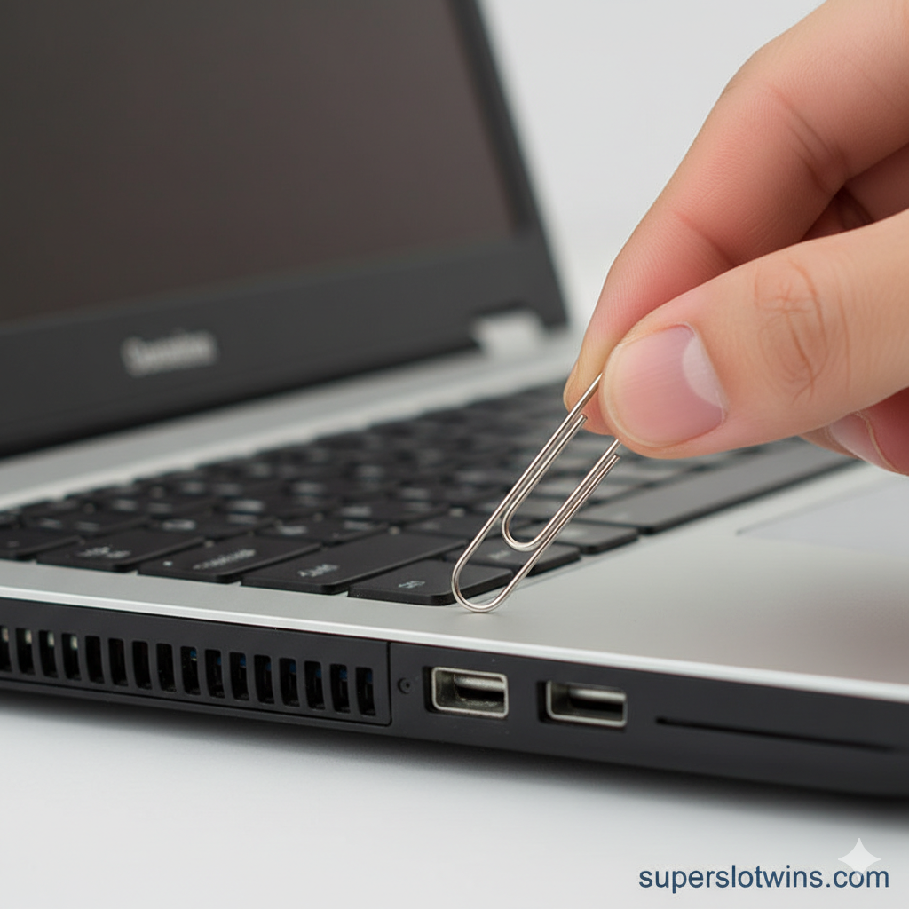 ภาพประกอบสำหรับส่วน 'การแก้ไขปัญหาอย่างง่าย (วิธีฉุกเฉิน)' แสดงขั้นตอนการ ดีดแผ่นซีดีฉุกเฉินด้วยคลิปหนีบกระดาษ ซูมเข้า (Close-up) ที่ขอบด้านข้างของแล็ปท็อปที่เปิดอยู่ โดยเน้นที่รูดีดฉุกเฉินขนาดเล็ก มีภาพมือที่กำลังค่อยๆ สอดปลายคลิปหนีบกระดาษสีเงินเข้าไปในรูนั้น พื้นหลังเบลอ (Bokeh) เพื่อเน้นการกระทำหลัก สีสันเน้นความชัดเจนและเรียลลิสติกเพื่อแสดงขั้นตอนการดีดแบบแมนนวลอย่างชัดเจน