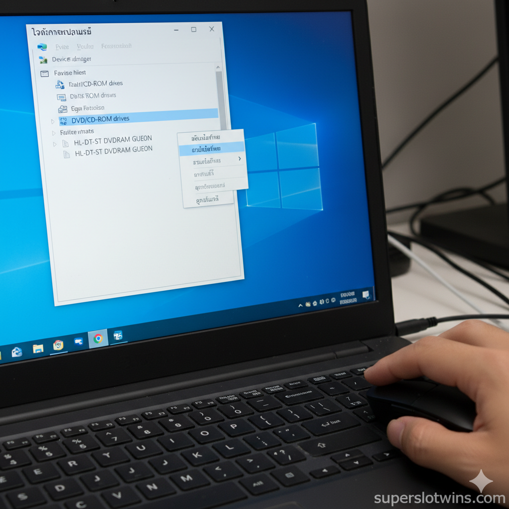 ภาพประกอบสำหรับส่วน 'การแก้ไขปัญหาทางซอฟต์แวร์และระบบ' แสดงหน้าจอแล็ปท็อปที่กำลังเปิด Device Manager ของ Windows โดยเน้นที่ส่วนขยาย 'DVD/CD-ROM drives' ที่มีการคลิกขวาและเมนู 'Update Driver' (อัปเดตไดรเวอร์) ปรากฏอยู่บนหน้าจอ หน้าจอควรแสดงในมุมมองที่มองเห็นมือผู้ใช้ที่กำลังใช้เมาส์คลิก เพื่อสื่อถึงการดำเนินการทางซอฟต์แวร์ โทนสีของภาพควรเป็นสีฟ้าและขาวตามสไตล์ Windows 10/11 เน้นที่ความคมชัดของข้อความในอินเทอร์เฟซ
