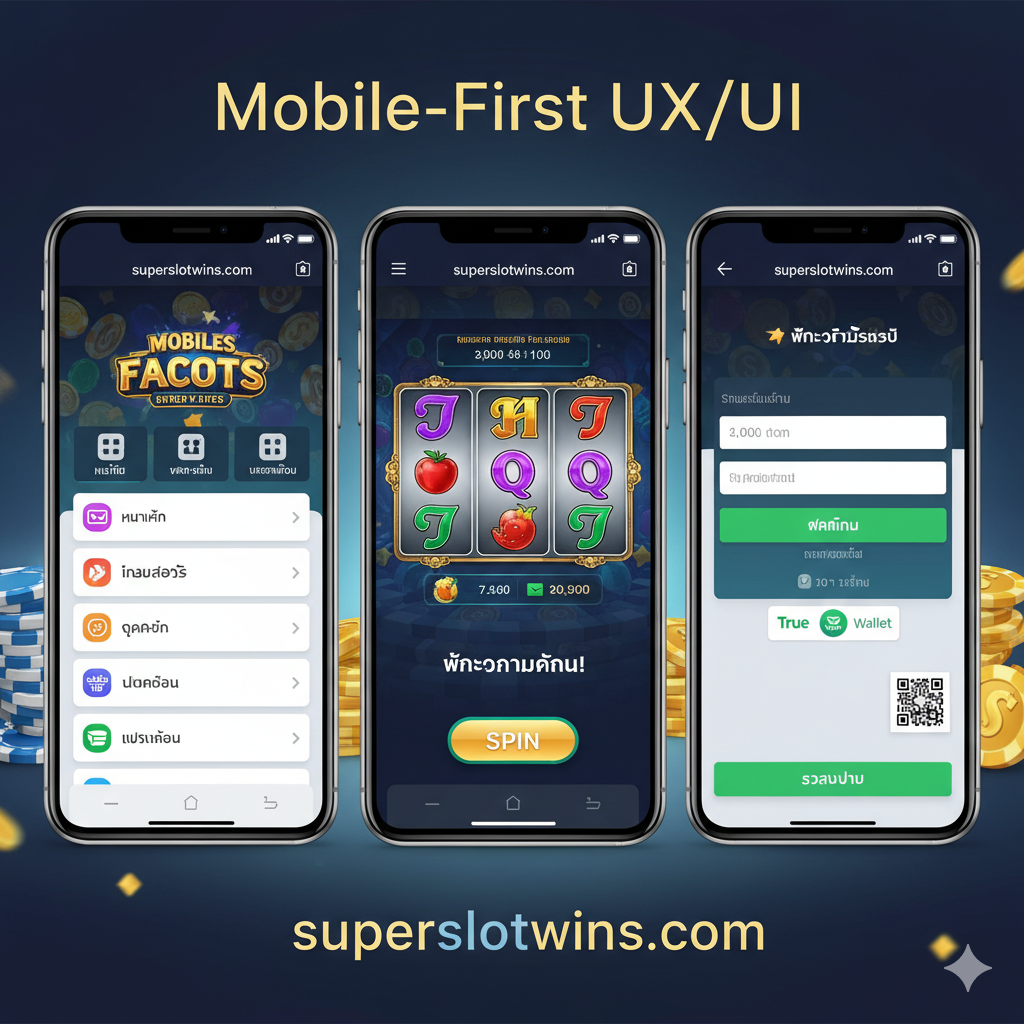 ภาพเน้นฟีเจอร์ 'Mobile-First UX/UI' แสดงภาพเปรียบเทียบระหว่างหน้าจอโทรศัพท์มือถือ 3 เครื่องที่เรียงต่อกัน แต่ละเครื่องแสดงหน้าจอการใช้งานที่แตกต่างกัน: 1.หน้าหลักที่เข้าถึงง่าย (Easy Navigation) 2.หน้าจอเกมสล็อตที่กำลังเล่นอยู่ (Gameplay Screen) 3.หน้าจอการฝาก-ถอนเงินที่รวดเร็ว (Fast Payout Screen) โดยมีโลโก้ True Wallet หรือ QR Code Payment เล็กน้อย มุมภาพมีไอคอน Wi-Fi และแบตเตอรี่ที่เต็มเปี่ยม สื่อถึงความเสถียรและไร้รอยต่อของระบบ เน้นสีสันสดใสของ UI ที่ปรับให้เหมาะกับนิ้วมือและการสัมผัส.
