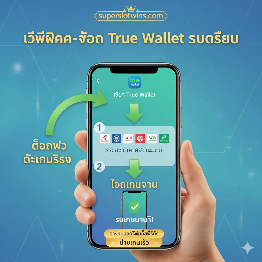 ภาพแสดงขั้นตอนที่ง่ายและรวดเร็วสำหรับการฝาก-ถอนเงินบนมือถือ เน้นที่ 'True Wallet' และ 'ระบบธนาคารอัตโนมัติ' ภาพควรประกอบด้วยโทรศัพท์มือถือที่กำลังแสดงหน้าจอการทำธุรกรรมแบบ 3 ขั้นตอน (1-2-3) โดยมีไอคอน True Wallet และโลโก้ธนาคารไทยที่คุ้นเคยปรากฏอยู่ มีลูกศรสีเขียวขนาดใหญ่ที่แสดงถึงการไหลของเงินที่รวดเร็ว (Fast Payout) องค์ประกอบโดยรวมให้ความรู้สึกถึงความปลอดภัยและความสะดวกสบาย (Secure and Convenient Transaction).
