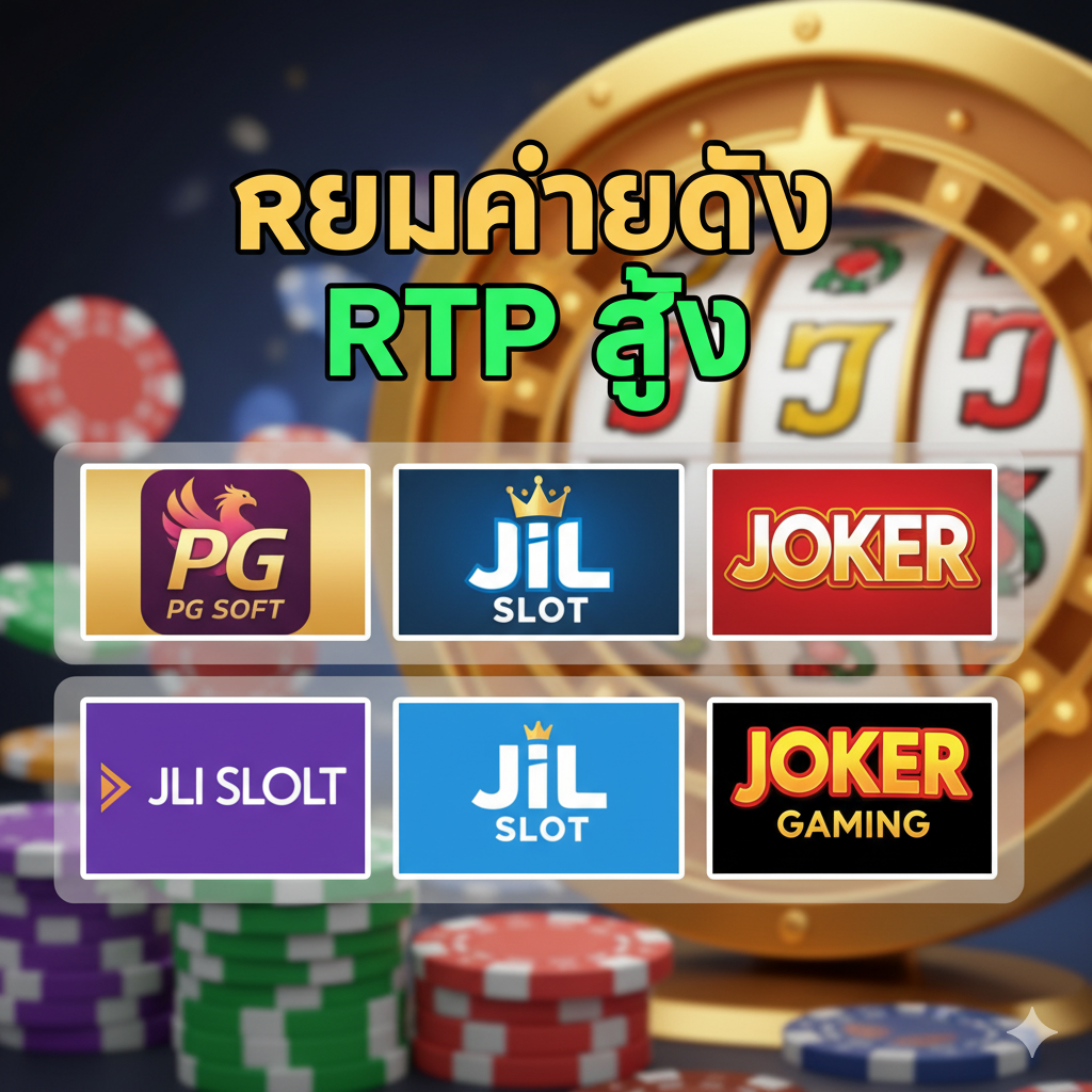 ภาพแสดงจุดเด่นของการเป็น 'Slot Factory' หรือแหล่งรวมค่ายเกมชั้นนำ องค์ประกอบหลักคือ แผงรวมโลโก้ค่ายเกมสล็อตชื่อดังที่คนไทยนิยม เช่น PG Soft, Jili Slot, Joker Gaming ที่ถูกจัดเรียงอย่างเป็นระเบียบบนพื้นหลังของชิปคาสิโนและวงล้อสล็อต ภาพควรแสดงถึงความหลากหลายและคุณภาพของเกม (Variety and High Quality) มีข้อความสั้นๆ ภาษาไทย 'รวมค่ายดัง RTP สูง' เน้นสีสันที่แตกต่างกันของโลโก้แต่ละค่ายเพื่อแสดงถึงความครบครัน.