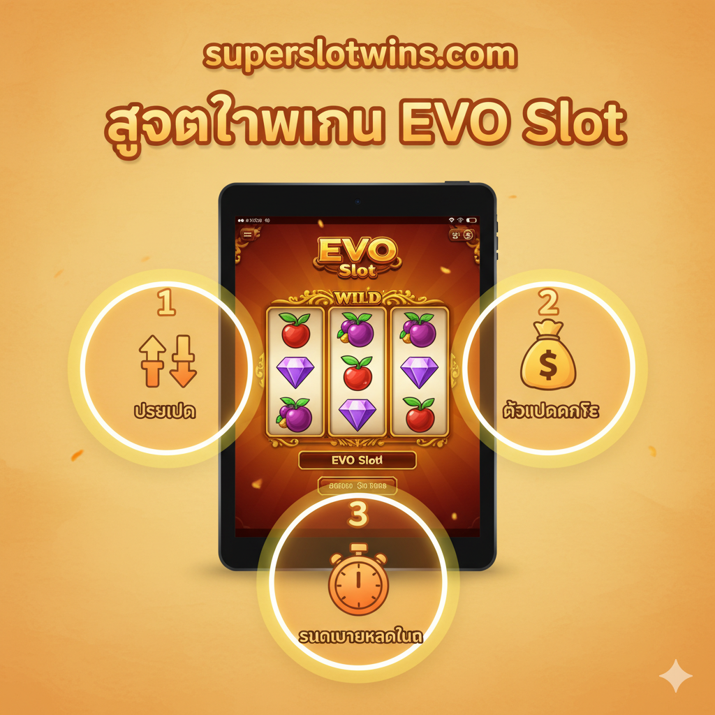 ภาพประกอบส่วน 'สูตรทำเงิน' เน้นแนวคิดเชิงกลยุทธ์และการวิเคราะห์ แสดงภาพหน้าจอแท็บเล็ตหรือสมาร์ทโฟนที่กำลังเปิดเกมสล็อต EVO พร้อมวงกลมสามวงล้อมรอบหน้าจอ แต่ละวงมีตัวเลขกำกับ '1', '2', '3' แทนสูตร 3 ข้อ วงกลมที่ 1 อาจมีไอคอนลูกศรขึ้น/ลง (สื่อถึงการสลับเบท), วงกลมที่ 2 มีไอคอนถุงเงิน (สื่อถึงการตั้งเป้าหมายกำไร) และวงกลมที่ 3 มีไอคอนนาฬิกาหยุด (สื่อถึงการหยุดพักเมื่อขาดทุน) โทนสีภาพเป็นสีส้ม/เหลือง เพื่อสื่อถึง 'เคล็ดลับ' หรือ 'คำแนะนำ' ที่มีค่า ภาพรวมให้ความรู้สึกถึงการวางแผนอย่างชาญฉลาด