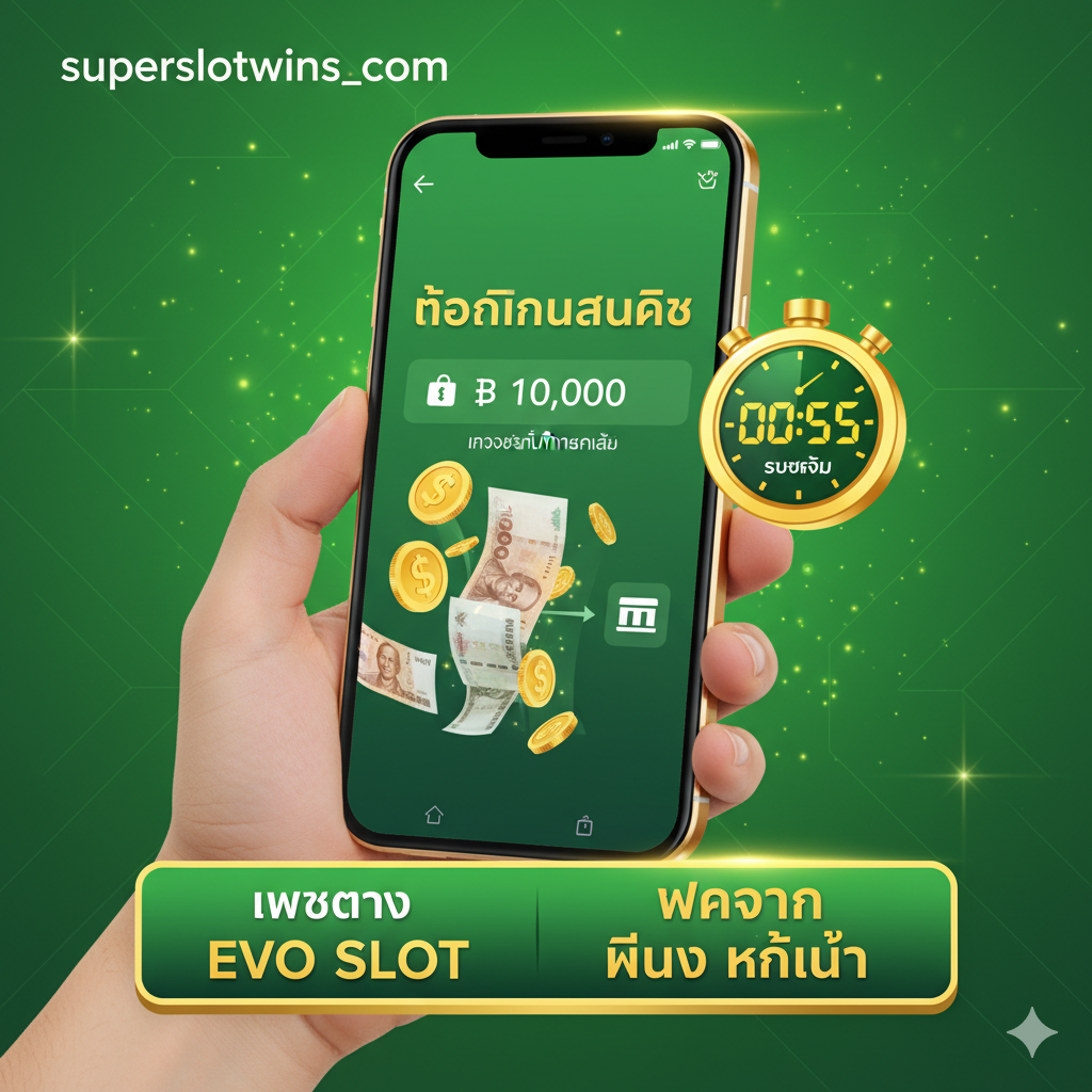 ภาพที่เน้นข้อดีของ superslotwins.com ในฐานะเว็บตรง EVO Slot แสดงภาพมือถือที่กำลังแสดงหน้าจอธุรกรรม 'ถอนเงินสำเร็จ' โดยมีนาฬิกาจับเวลาอยู่ข้างๆ ที่ระบุเวลา '5 วินาที' หรือ 'รวดเร็ว' (Fast) ในภาษาไทย ใช้โทนสีเขียวสดใสและสีทองเพื่อเน้นย้ำถึงความมั่นคงและความรวดเร็วในการทำธุรกรรมทางการเงิน ด้านล่างมีป้ายกำกับ 'เว็บตรง' และ 'ฝากถอน ไม่มี ขั้น ต่ำ' อย่างชัดเจน องค์ประกอบภาพเน้นการเคลื่อนไหวของเงินที่ไหลเข้าสู่บัญชีธนาคารอย่างรวดเร็ว เพื่อสร้างความมั่นใจให้กับผู้เล่นในเรื่องความปลอดภัย