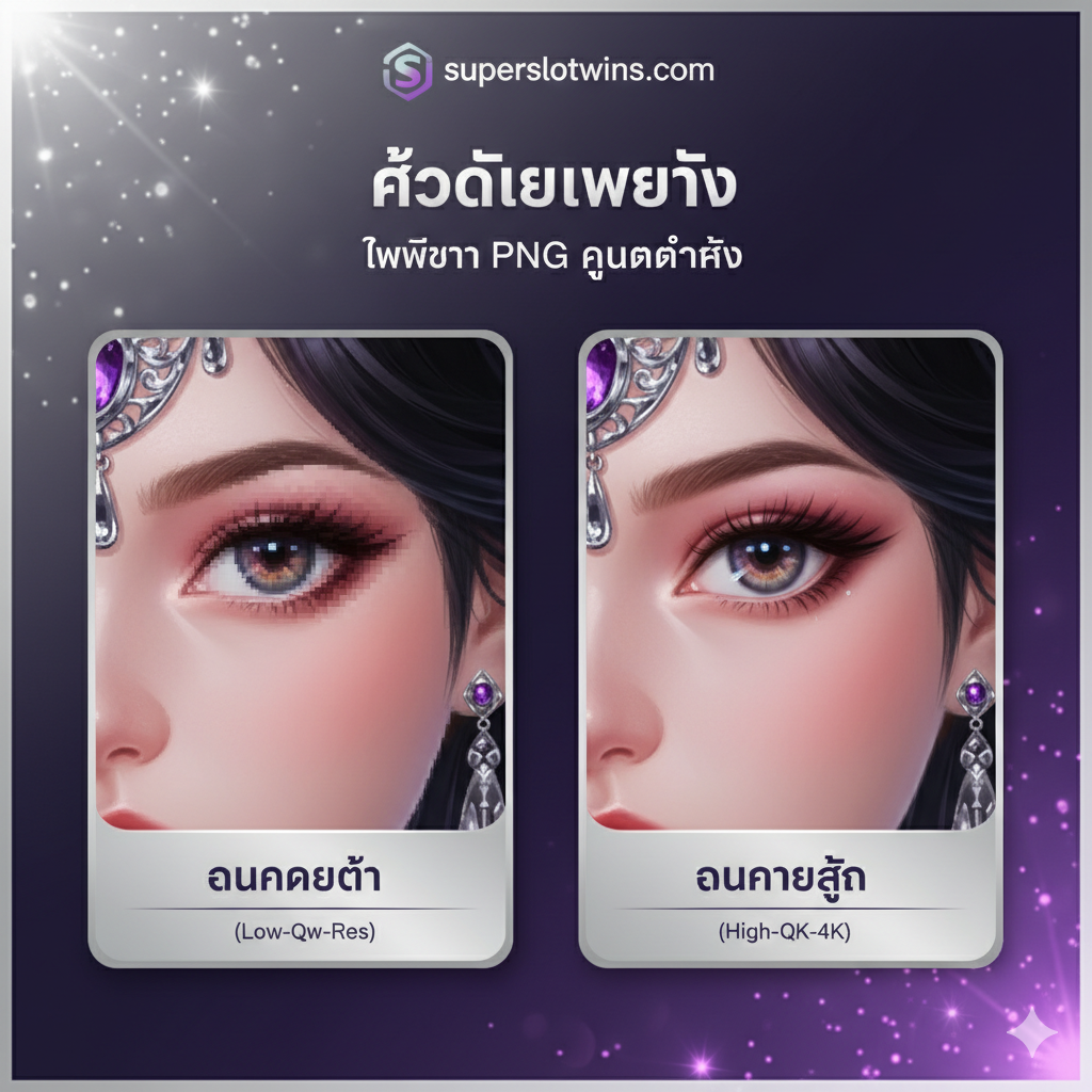 ภาพเน้นข้อดี (Advantage Image) ของความละเอียดสูง (High-Resolution): แสดงภาพตัวละครสาวสวย (เช่น Dreams of Macau) ที่ถูกซูมเข้าไปใกล้ๆ (Zoomed-in View) เพื่อให้เห็น 'รายละเอียดที่คมชัด' แม้ในบริเวณเล็กๆ เช่น ดวงตาหรือเครื่องประดับ โดยมีการเปรียบเทียบเชิงสัญลักษณ์ (Symbolic Comparison) ระหว่างภาพที่มีความละเอียดสูง (2K-4K) กับภาพที่มีความละเอียดต่ำ (แตกเป็นพิกเซล) อย่างชัดเจน จัดวางในรูปแบบของการ์ดเปรียบเทียบ 'Good vs. Bad' เน้นสีสันที่สื่อถึงคุณภาพและความพรีเมียม เช่น สีเงินและสีม่วง สื่อถึงการเป็นทรัพยากรที่เหนือกว่าคู่แข่ง