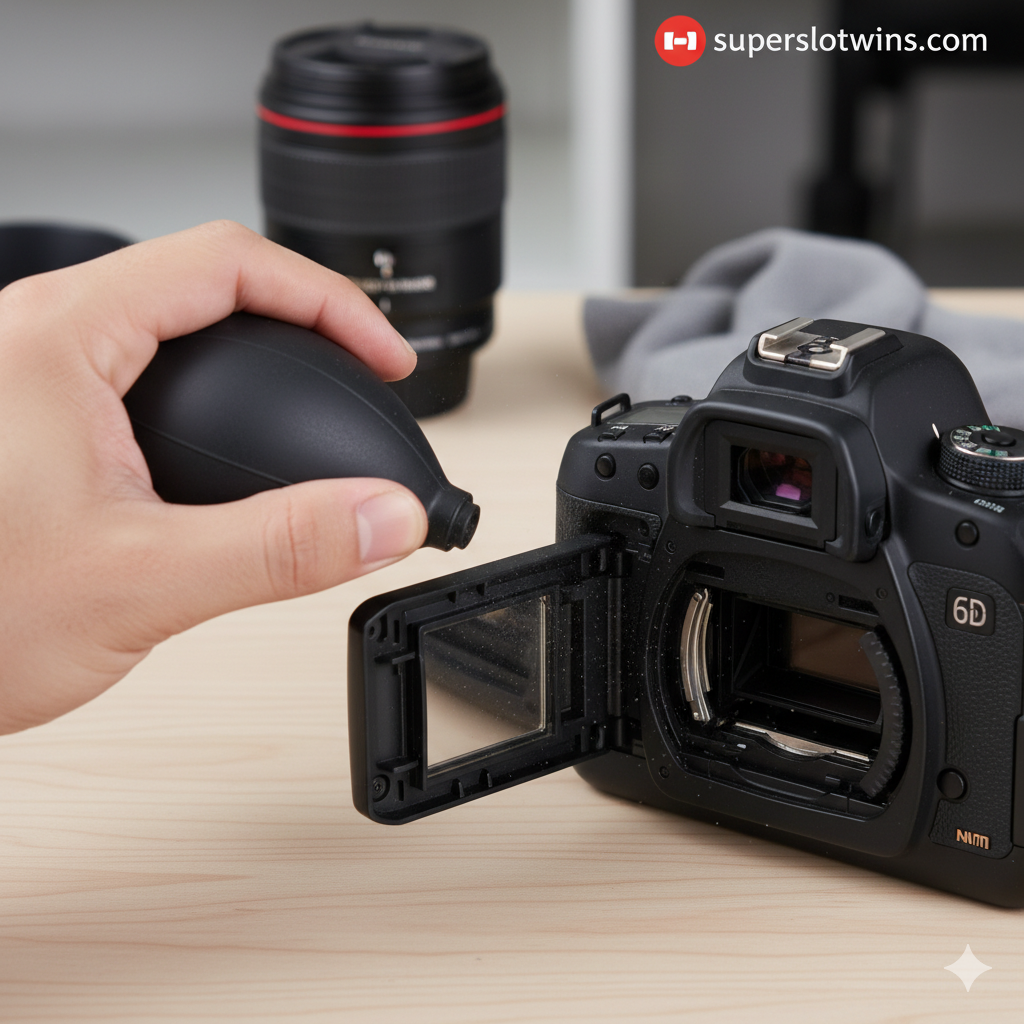 ภาพประกอบขั้นตอนการทำความสะอาดช่องเสียบการ์ด (Card Slot Cleaning) ด้วยตนเอง เป็นภาพมือกำลังใช้ 'ลูกยางเป่าลม' (Blower) เป่าลมเข้าไปในช่องเสียบการ์ดของกล้อง Canon 6D ที่เปิดฝาอยู่ ฉากหลังควรเป็นโต๊ะทำงานของช่างภาพที่มีอุปกรณ์อื่นๆ วางอยู่เล็กน้อย เช่น เลนส์ หรือผ้าไมโครไฟเบอร์ เน้นความสะอาดและความระมัดระวังในการใช้งาน แสงสว่างเพียงพอเพื่อให้เห็นรายละเอียดของเครื่องมือและช่องเสียบการ์ดได้อย่างชัดเจน ให้ความรู้สึกเหมือนกำลังสอนวิธีการซ่อมแซมอย่างเป็นขั้นเป็นตอน