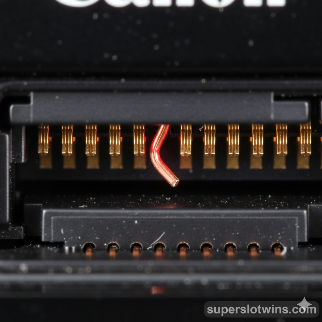 ภาพเน้นย้ำปัญหาทางเทคนิคที่ต้องซ่อมแซม (ปัญหาฮาร์ดแวร์/ขา Pin งอ) เป็นภาพโคลสอัพความละเอียดสูง (Macro Shot) ที่แสดงให้เห็นด้านในของ Card Slot โดยมีขา Pin ทองแดงอันใดอันหนึ่งที่ชัดเจนว่า 'งอ' หรือ 'หัก' ออกจากแนวปกติ อาจใช้สีแดงหรือสีสว่างเพื่อเน้นย้ำขา Pin ที่เสียหาย เพื่อสื่อถึงอาการ 'การ์ดเสียบไม่เข้า' หรือ 'กล้องมองไม่เห็นการ์ด' ซึ่งเป็นสาเหตุที่ต้องเปลี่ยน Card Slot ภาพควรมีความคมชัดสูงและให้ความรู้สึกเหมือนภาพถ่ายจากช่างเทคนิคที่กำลังวิเคราะห์ปัญหา