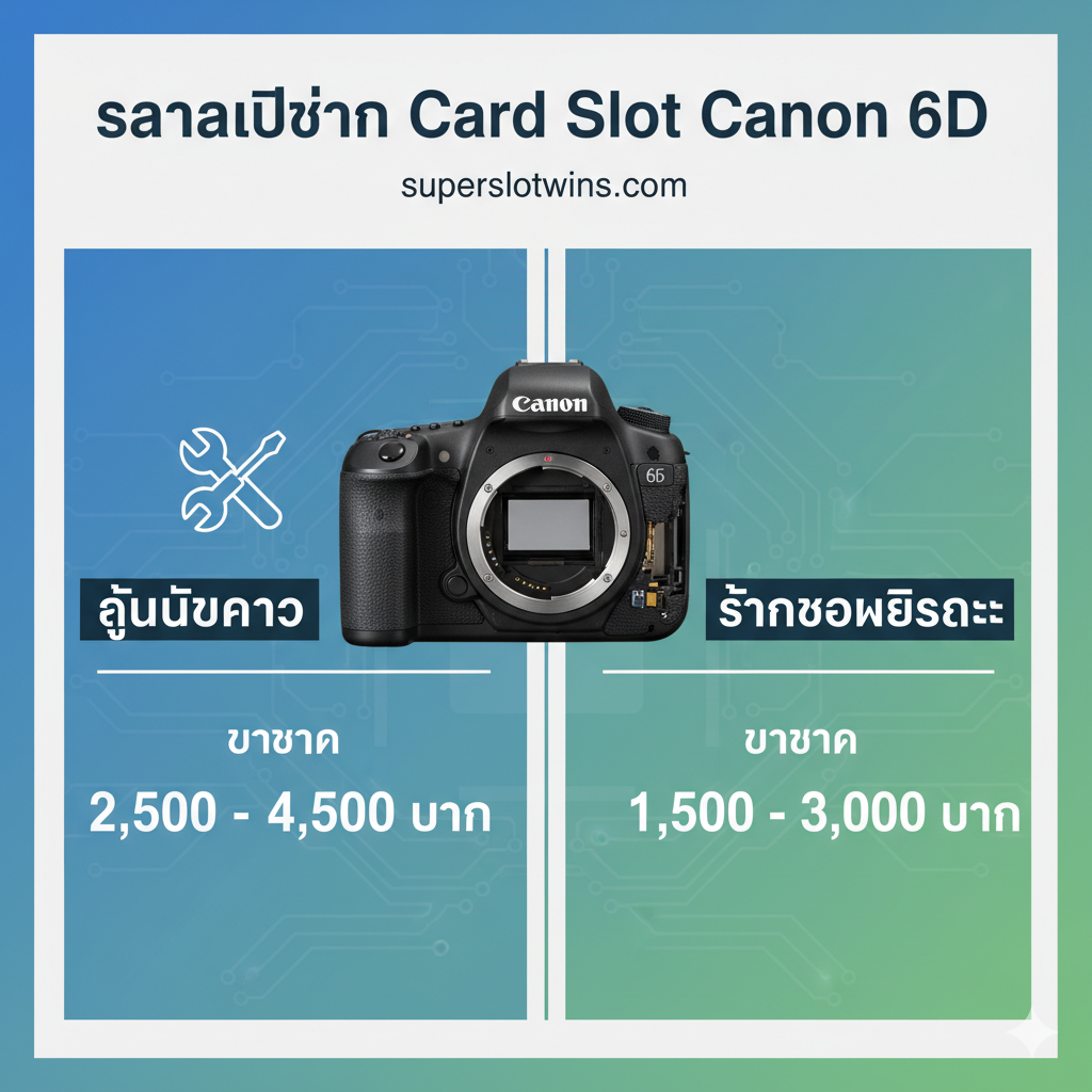 ภาพสรุปข้อมูลเชิงธุรกรรมเรื่องราคาเปลี่ยน Card Slot เป็นภาพสไตล์อินโฟกราฟิกหรือภาพที่จัดองค์ประกอบอย่างเรียบง่าย มีไอคอนที่สื่อถึงการซ่อมแซม (เช่น ไขควงหรือประแจ) วางอยู่ข้างๆ กล้อง Canon 6D ที่อยู่ระหว่างการถอดประกอบ บนภาพควรมีตัวเลขราคาโดยประมาณที่เป็นภาษาไทย (เช่น '2,500 - 4,500 บาท') แยกเป็น 2 ส่วนชัดเจนคือ 'ศูนย์บริการ' และ 'ร้านซ่อมอิสระ' ใช้โทนสีฟ้า/เขียวที่ให้ความรู้สึกน่าเชื่อถือและชัดเจนในการสื่อสารข้อมูลตัวเลข เพื่อให้ผู้อ่านเห็นภาพรวมค่าใช้จ่ายในการซ่อมแซม