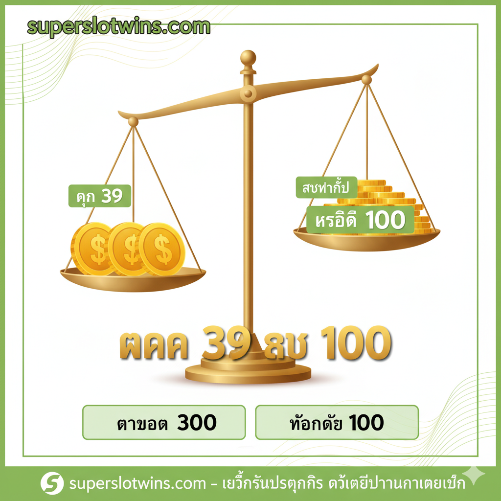 ภาพที่เน้นย้ำ 'เงื่อนไข' ที่ชัดเจนของโปรโมชั่น 'ฝาก 39 รับ 100 ทำยอด 300 ถอนได้ 100' โดยใช้กราฟิกเปรียบเทียบที่ชัดเจน อาจเป็นรูปตาชั่งหรือกราฟแท่งที่แสดง 'ทุน 39' เทียบกับ 'เครดิต 100' และมีข้อความไฮไลท์เงื่อนไข 'ทำยอด 300' และ 'ถอน 100' อย่างชัดเจน โทนสีแสดงถึงความโปร่งใสและยุติธรรม เช่น สีขาว สีเขียว และสีทอง เพื่อสร้างความมั่นใจให้กับผู้เล่น