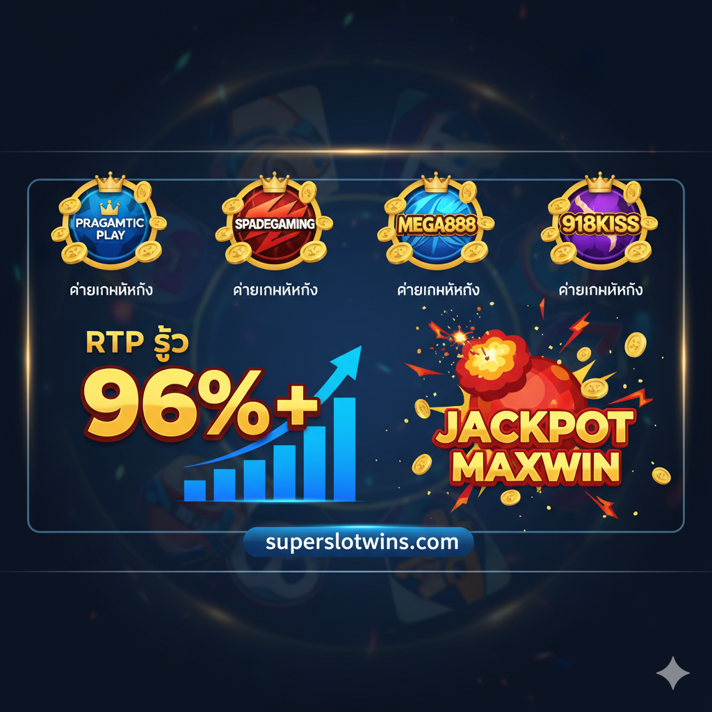 ภาพประกอบส่วนที่เกี่ยวกับค่ายเกมและคุณสมบัติเด่น (RTP, Maxwin) แสดงโลโก้ของค่ายเกมสล็อตชั้นนำในมาเลเซีย 3-4 ค่าย (เช่น Pragmatic Play, SpadeGaming, MEGA888) จัดเรียงอย่างเป็นระเบียบในกรอบสี่เหลี่ยม หรืออยู่ในรูปแบบอินโฟกราฟิกเล็กๆ มีกราฟิกแสดงค่า 'RTP สูง' (เป็นตัวเลข 96%+) และสัญลักษณ์ 'JACKPOT' หรือ 'MAXWIN' ขนาดใหญ่ที่กำลังระเบิดออกมา เน้นใช้สีสันที่สดใสแต่ดูเป็นมืออาชีพ เช่น สีแดง/เหลืองสำหรับแจ็กพอต และสีน้ำเงิน/ขาวสำหรับข้อมูลเชิงสถิติ ภาพรวมให้ความรู้สึกถึงข้อมูลที่น่าเชื่อถือและมีโอกาสชนะสูง