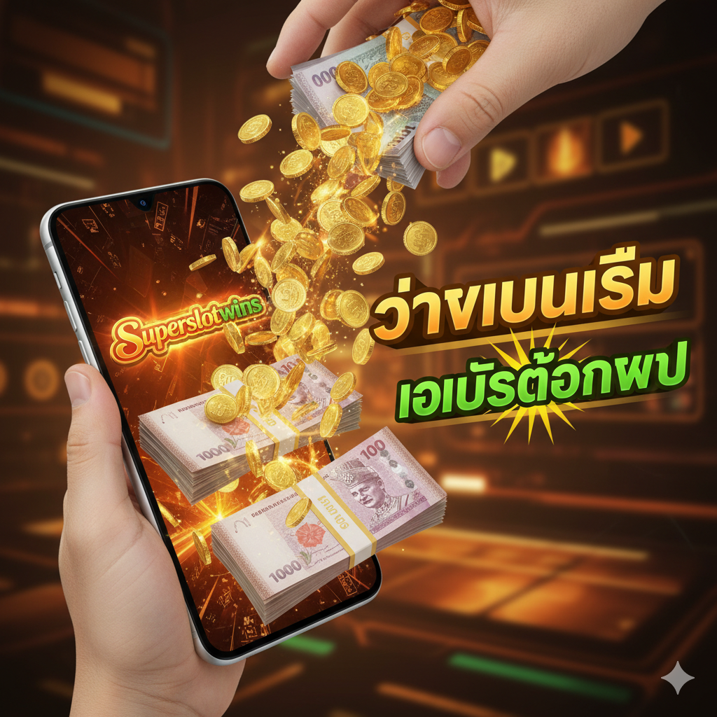 ภาพที่เน้นย้ำถึงข้อได้เปรียบด้านโปรโมชั่นและระบบการเงิน 'Fast Payout' องค์ประกอบหลักคือมือที่กำลังรับเงินปึกใหญ่หรือเหรียญทองจำนวนมากที่หลั่งไหลออกมาจากหน้าจอโทรศัพท์มือถือที่แสดงโลโก้ 'Superslotwins' มีข้อความกราฟิก 'Fast Payout' และ 'โบนัสต้อนรับ' ปรากฏอยู่ด้านข้างอย่างเด่นชัด ใช้โทนสีส้ม/ทอง/เขียว เพื่อสื่อถึงความมั่งคั่งและความรวดเร็วในการทำธุรกรรม ภาพควรดูมีไดนามิกและความเคลื่อนไหวของเงินที่ไหลเข้าบัญชีอย่างรวดเร็ว