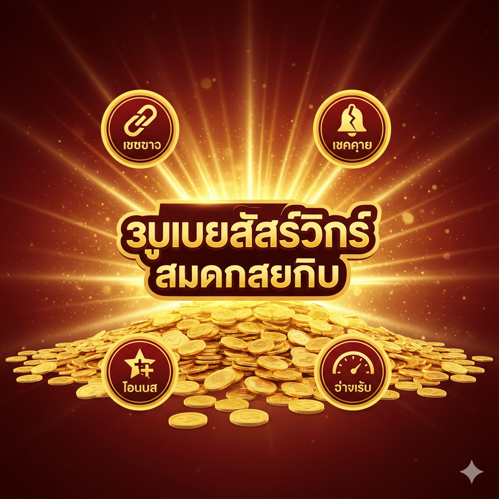 ภาพสรุปและกระตุ้นการตัดสินใจ (Call to Action - CTA) เน้นโลโก้ 'Superslotwins' และข้อความ 'สมัครสมาชิก' ที่โดดเด่น จัดวางไว้ตรงกลางหรือด้านล่างของภาพ พื้นหลังเป็นภาพรวมของความสำเร็จ เช่น เหรียญทองคำที่กองสูง หรือแสงสว่างจากชัยชนะ มีไอคอนเล็กๆ 4-5 อันแสดงถึงคุณสมบัติหลักที่กล่าวถึง (เว็บตรง, แตกง่าย, โบนัส, จ่ายเร็ว) วางล้อมรอบโลโก้หลัก ใช้สีแดง/ทองที่ให้ความรู้สึกเร่งด่วนและโอกาสในการทำกำไร เพื่อกระตุ้นให้ผู้เล่น 'คลิก' และ 'สมัคร' ทันที