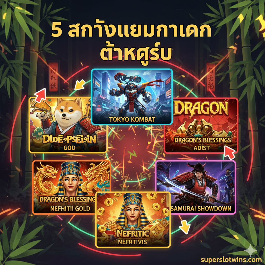 ภาพฟีเจอร์ แสดง 5 เกม 'แตกง่าย' ของ Gamatron ได้แก่ Shiba Inu Slot, Tokyo Kombat, Kokeshi Doll, Dragon's Blessings, และ Sushi Cuties