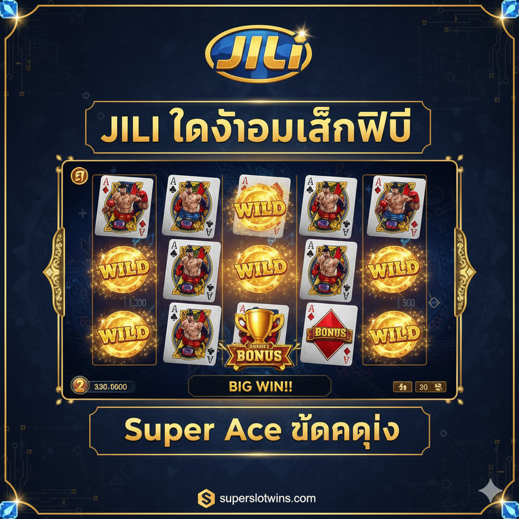 ภาพเน้นคุณสมบัติของเกมสล็อต JILI ยอดนิยม โดยมุ่งเน้นที่เกม 'Super Ace' หรือ 'Boxing King' ภาพควรแสดงหน้าจอเกมที่มีกราฟิกสวยงามและมีสัญลักษณ์ 'Wild' หรือ 'Bonus' ขนาดใหญ่ที่กำลังทำงานอยู่ เพื่อแสดงถึง 'เกมแตกง่าย' และ 'ฟีเจอร์โบนัสที่น่าตื่นเต้น' จัดวางภาพสกรีนช็อตเกมให้อยู่บนพื้นหลังที่ดูเป็นพรีเมียมของค่ายเกม JILI และมีข้อความภาษาไทยกำกับว่า 'JILI ทดลองเล่นฟรี' หรือ 'Super Ace แตกง่าย' เพื่อเน้นย้ำถึงโหมดเดโม่และการเล่นฟรี