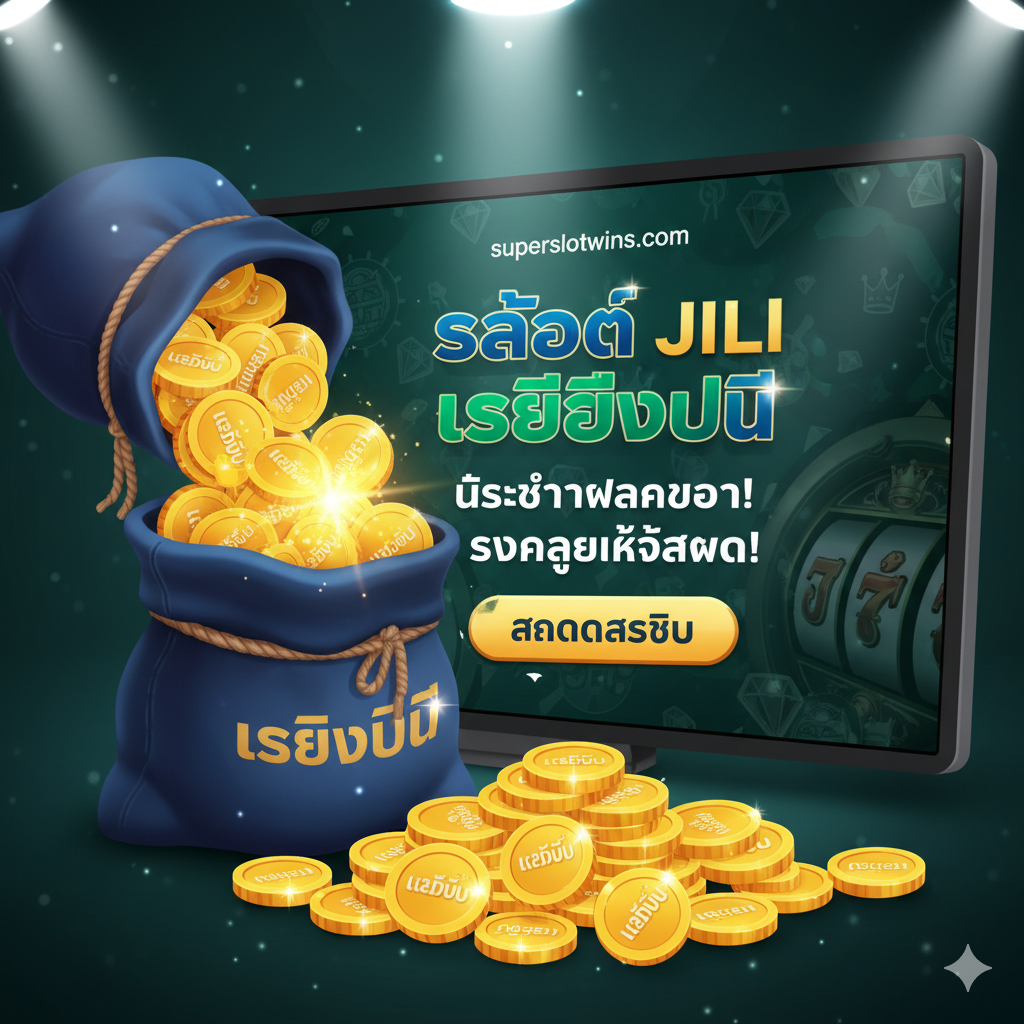 ภาพเน้นข้อดีและโปรโมชั่น 'JILI Slot เครดิตฟรี' จัดวางองค์ประกอบเป็นรูปเหรียญทองขนาดใหญ่ที่มีคำว่า 'เครดิตฟรี' สลักอยู่ หรือเป็นรูปถุงเงินที่กำลังเทเหรียญออกมา พร้อมพื้นหลังของหน้าโปรโมชั่นที่แสดงเงื่อนไข 'ไม่ต้องฝากก่อน' หรือ 'รับง่ายแค่สมัคร' อย่างชัดเจน ควรใช้โทนสีเขียวหรือน้ำเงินที่สื่อถึงความมั่นคงและความร่ำรวย มีแสงสว่างพุ่งออกมาจากส่วนของเครดิตฟรีเพื่อเน้นถึงความคุ้มค่าและเป็นแรงจูงใจให้ผู้ใช้งานคลิกปุ่มสมัครสมาชิกของ superslotwins.com
