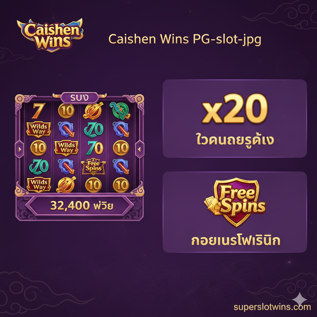 รูปภาพสไตล์อินโฟกราฟิกแสดงคุณสมบัติหลักของ Caishen Wins โดย PG Soft