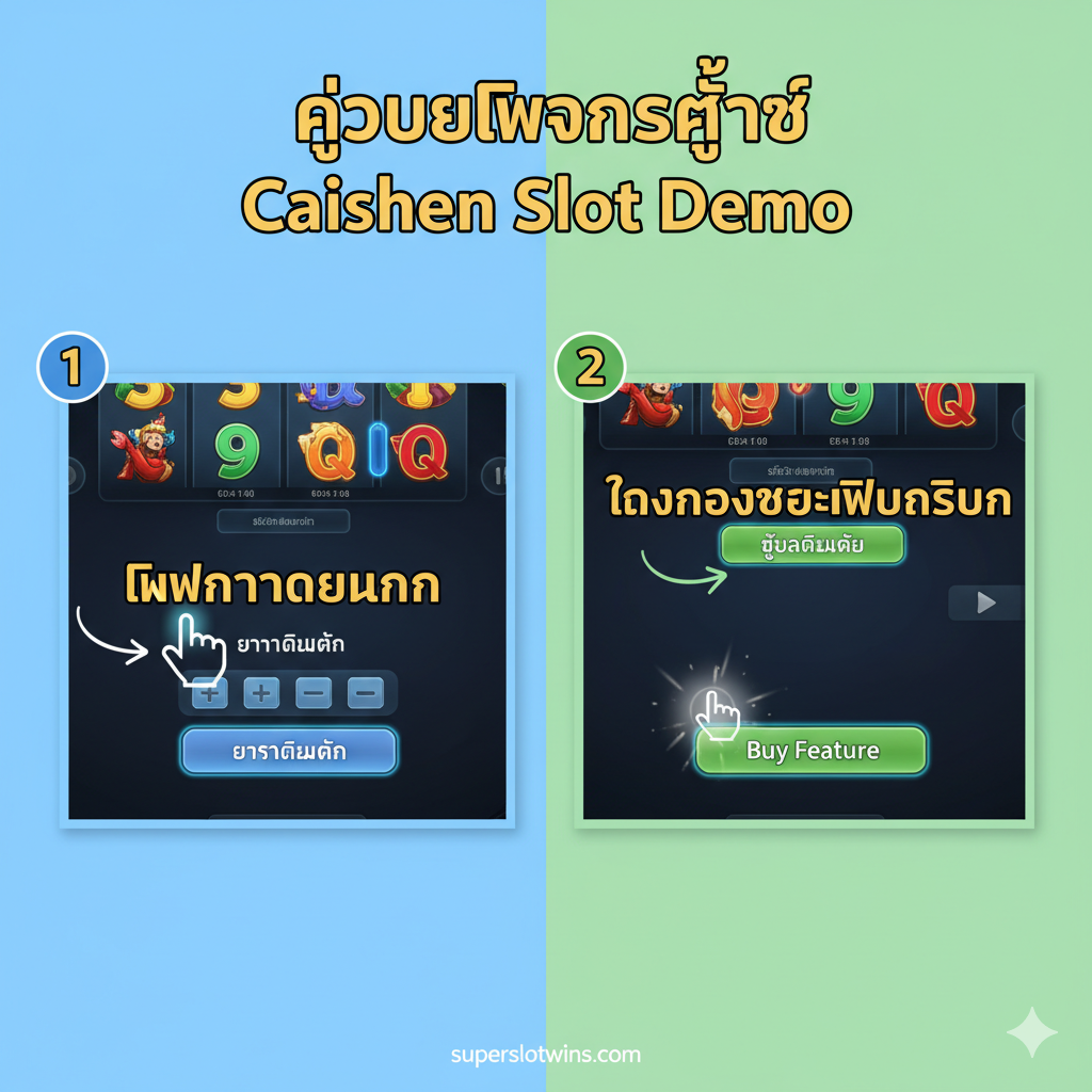 รูปภาพสไตล์บทช่วยสอนแสดงวิธีการฝึกการเดิมพันและการซื้อฟรีสปินใน Caishen Slot Demo