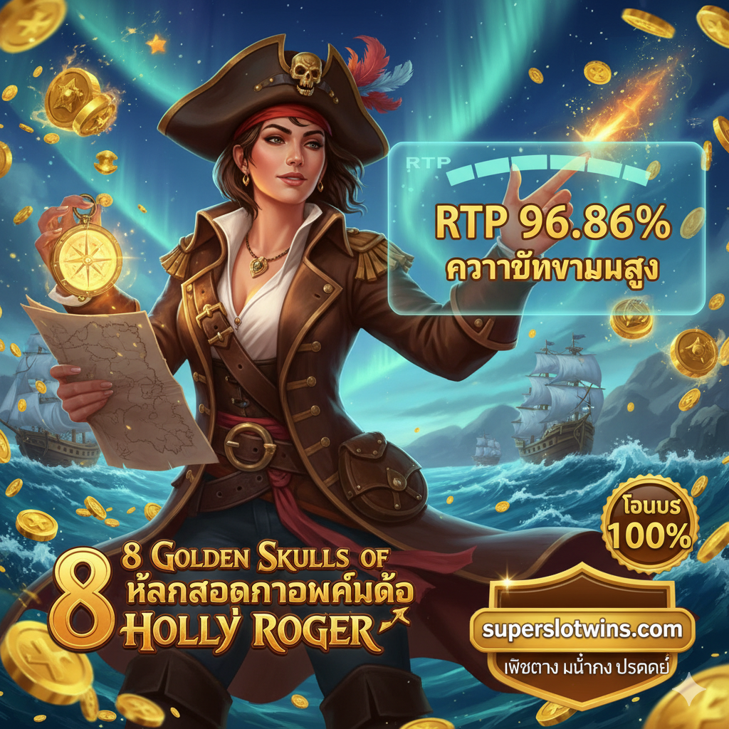 一张强调游戏优势和目标站点（superslotwins.com）信任度的图片。画面应展示一个拿着地图或指南针的酷炫女性海盗（Holly Roger的主题人物），她自信地指向一个标有“RTP 96.86%”和“High Volatility”的闪光指标。在角落或背景中，加入泰语的**“superslotwins.com เว็บตรง มั่นคง ปลอดภัย”**（superslotwins.com 网站直营 稳定 安全）和“โบนัส 100%”的标志。色彩鲜明，强调专业性和高回报率，建立玩家对平台的信任。