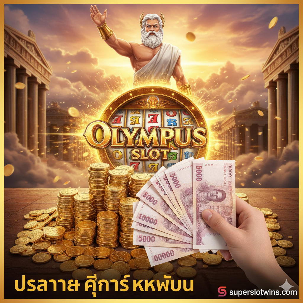 ภาพสรุปที่สร้างแรงบันดาลใจและยืนยันผลลัพธ์ เน้นภาพซ้อนทับของเทพเจ้าซุสที่กำลังชูมือขึ้นเหนือวงล้อสล็อต โดยมีกองเหรียญทองขนาดใหญ่และธนบัตรจำนวนมาก (เน้นหลักหมื่นบาท) กองอยู่เบื้องหน้า หรือในมือของผู้เล่น สื่อถึง 'การทำกำไรหลักหมื่น' ที่เป็นเป้าหมายของบทความ โทนสีควรดูเป็นชัยชนะ (Victory) และความร่ำรวย เพื่อจบท้ายบทความอย่างน่าประทับใจ