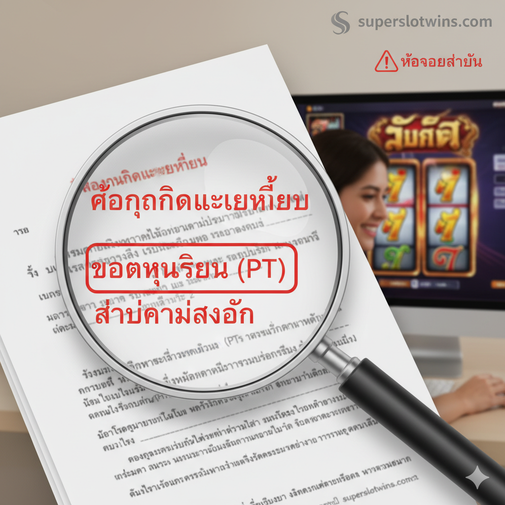 Un'immagine professionale che utilizza una lente d'ingrandimento per evidenziare le parole "Termini e Condizioni", "Playthrough (PT)" e "Validità" su un contratto, sottolineando l'importanza della lettura dei dettagli del bonus.