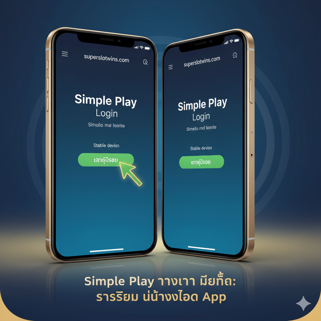 ภาพที่เน้นคุณสมบัติ 'ทางเข้ามือถือ' (Mobile Access) แสดงสมาร์ทโฟน (ทั้ง iOS และ Android) ในมุมมองด้านหน้าและด้านข้างอย่างสวยงาม บนหน้าจอสมาร์ทโฟนแสดงหน้า 'Simple Play Login' ของเว็บไซต์ superslotwins ที่ออกแบบมาสำหรับมือถือโดยเฉพาะ โดยมี UI ที่สะอาดตาและใช้งานง่าย มีลูกศรสีเขียวหรือสีทองส่องสว่างชี้ไปที่ปุ่ม 'เข้าสู่ระบบ' หรือ 'Login' เน้นย้ำถึงความเสถียรและรวดเร็วในการเข้าเล่นบนอุปกรณ์พกพา พร้อมข้อความสั้นๆ ว่า 'Simple Play ทางเข้า มือถือ: รวดเร็ว ไม่ต้องโหลด App'