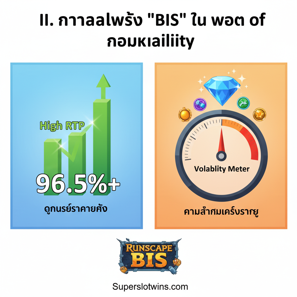 ภาพประกอบส่วน 'II. การวิเคราะห์ "BIS" ในโลกของเกมสล็อต' โดยเน้นที่ตัวชี้วัด RTP และ Volatility ภาพควรแบ่งเป็นสองส่วนที่สมดุลกัน: ส่วนซ้ายเป็นกราฟิกแสดงค่า RTP สูง (High RTP) ใช้สัญลักษณ์เป็นบาร์กราฟสีเขียวที่พุ่งสูงขึ้น พร้อมกับโลโก้ '96.5%+' และคำว่า 'High Stat Gear' ส่วนขวาเป็นภาพมาตรวัดความผันผวน (Volatility Meter) ที่เข็มชี้ไปที่ 'High Volatility' โดยมีไอคอนรูปเพชรหรือสมบัติหายากขนาดใหญ่ลอยอยู่ด้านบน สื่อถึง 'Rare Drop Hunting' การจัดวางแบบอินโฟกราฟิกที่ชัดเจน สไตล์ภาพเป็นแบบดิจิทัลที่สะอาดตาและมีสีตัดกันเพื่อเน้นตัวเลข