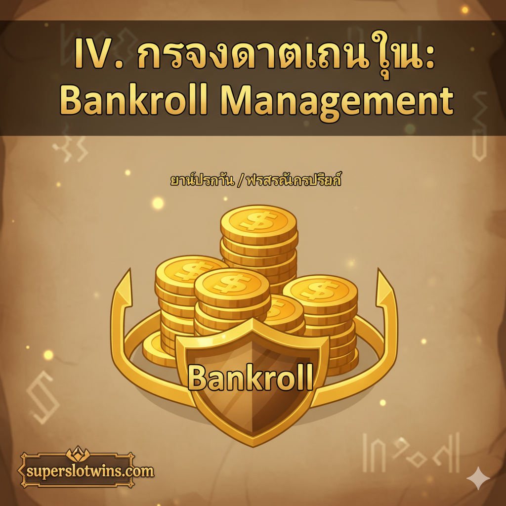 ภาพประกอบส่วน 'IV. การจัดการเงินทุน: Bankroll Management' แสดงการเปรียบเทียบการจัดการเงินทุนกับการ 'Gear Progression' ใน RuneScape องค์ประกอบหลักคือการจัดวางไอคอนสามมิติของกองเหรียญทอง (Bankroll) อยู่ตรงกลางอย่างมั่นคง พร้อมกับมี 'เกราะป้องกัน' หรือ 'Shield' สีทองล้อมรอบเหรียญเหล่านั้น ด้านบนมีข้อความเล็ก ๆ ว่า 'Amulet of Defence' หรือ 'Invention Perk' เพื่อเปรียบเทียบ ภาพใช้โทนสีน้ำตาลทองและเข้มเพื่อสื่อถึงความมั่นคงและความรอบคอบในการจัดการเงิน สไตล์ภาพเป็นแบบการ์ตูนกึ่งแฟนตาซีที่สื่อความหมายได้ชัดเจน