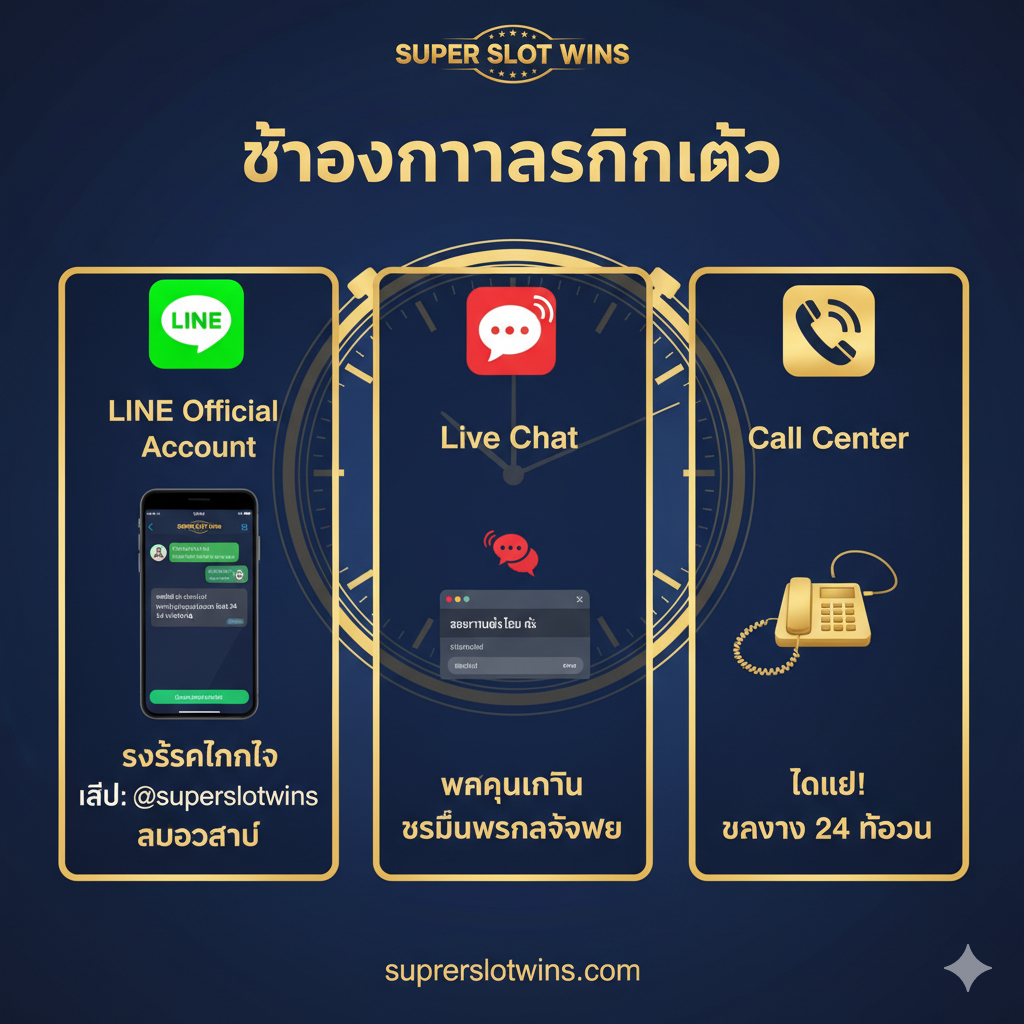 แสดงคุณสมบัติของสามช่องทางการติดต่อหลักของ superslotwins ใช้การจัดองค์ประกอบแบบสามช่องที่จัดเรียงหรือแบ่งส่วน แต่ละส่วนแสดงถึงช่องทาง: บัญชีทางการ LINE, แชทสด และ Call Center ส่วน LINE ควรเน้น LINE ID: @superslotwins และจับคู่กับไอคอน LINE สีเขียวขนาดใหญ่ และภาพหน้าจอโทรศัพท์ที่แสดงอินเทอร์เฟซการสนทนากับฝ่ายบริการลูกค้า ส่วน Live Chat ควรมีไอคอนฟองคำพูดแชทที่กะพริบ สีสันส่วนใหญ่ใช้โทนสีหลักของแบรนด์ (สมมติว่าเป็น น้ำเงิน/ทอง/แดง) ใต้ไอคอนของแต่ละช่องทางมีคำอธิบายสั้น ๆ เป็นภาษาไทย เน้นย้ำ “ความรวดเร็ว” และ “ความสะดวกสบาย” ไอคอนนาฬิกาที่แสดงบริการ 24 ชั่วโมงควรปรากฏทั่วทั้งภาพ