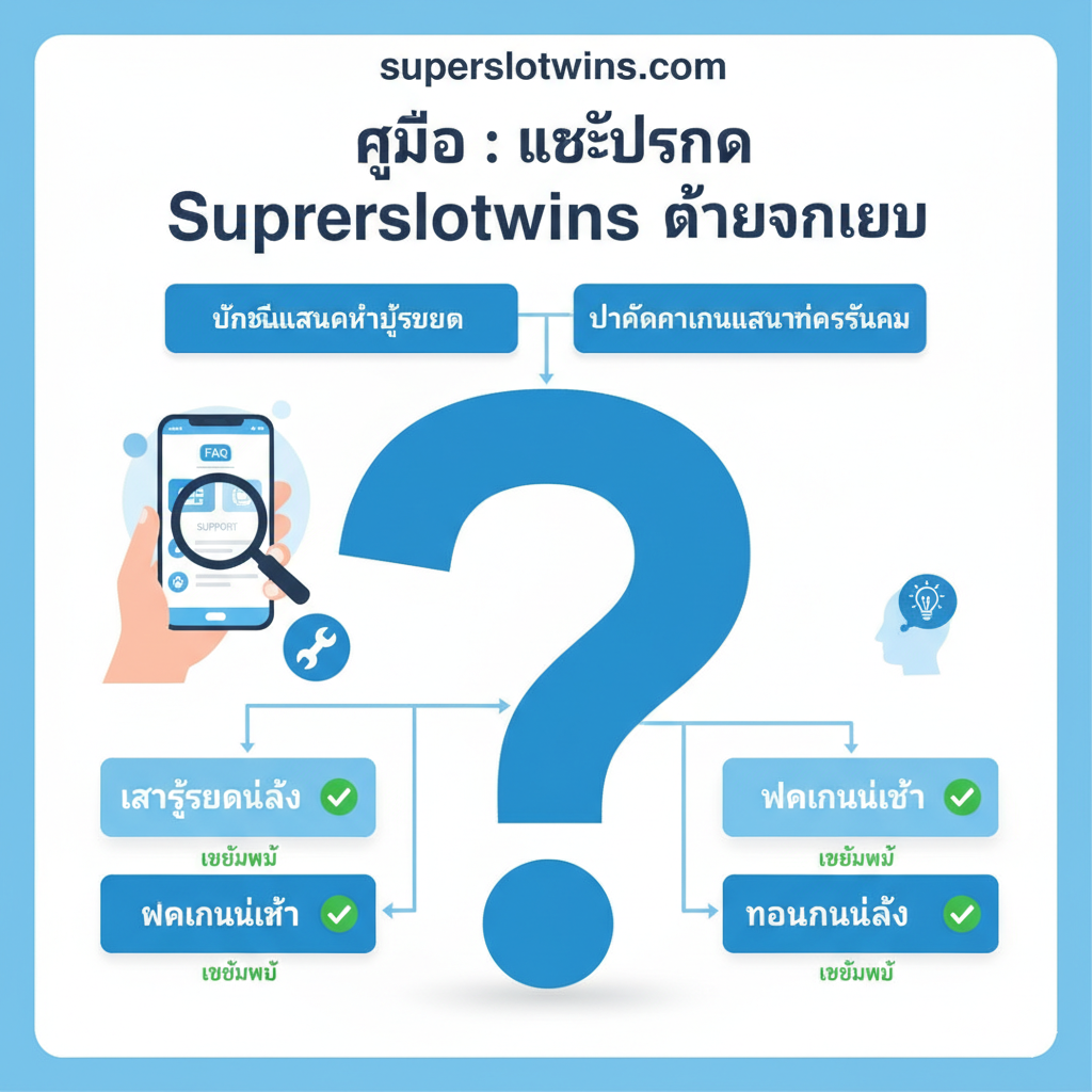 ภาพคำแนะนำสำหรับ “FAQ: แก้ปัญหา Superslotwins ด้วยตนเอง” หัวข้อหลักเป็นผังงานหรือรายการที่มีรูปร่างเป็นเครื่องหมายคำถาม เน้นย้ำหมวดหมู่หลักสองหมวดคือ “บัญชีและการเข้าสู่ระบบ” และ “ปัญหาการเงินและการทำธุรกรรม” ใช้พื้นหลังสีขาวหรือสีอ่อนที่สะอาดและเรียบง่าย คู่กับกล่องข้อมูลสีน้ำเงินและเครื่องหมาย “แก้ไขแล้ว” สีเขียว ข้างผังงานอาจมีแว่นขยายหรือภาพเงาของผู้ใช้ที่กำลังใช้งานโทรศัพท์มือถือ ซึ่งเป็นสัญลักษณ์ของผู้ใช้ที่สามารถค้นหาและแก้ไขปัญหาได้ด้วยตนเอง หัวข้อภาษาไทยต้องโดดเด่น เน้นย้ำ “Self-Service Troubleshooting”